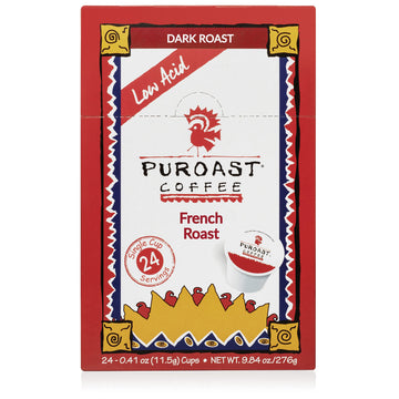 Puroast Low Acid Coffee Single-Serve Pods, French Roast, Certified Low Acid Coffee - Ph Above 5.5, Dark Roast, Original, (24 Cou