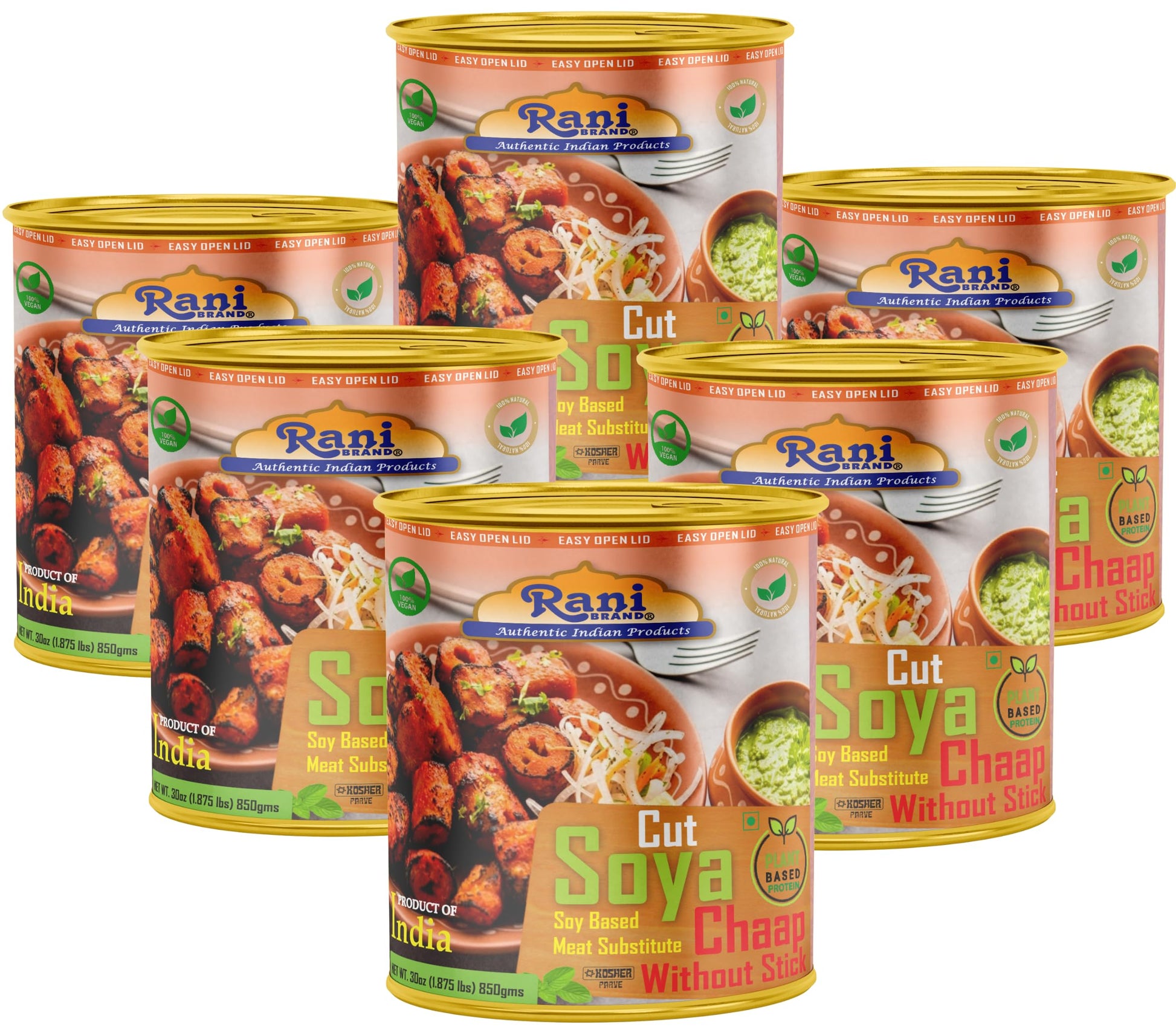 Rani Cut Soya Chaap Whitout Stick (Plant Based Protein) 30oz (1.875lbs) 850g, Pack of 6 ~ Easy Open Lid | All Natural | Vegan | 