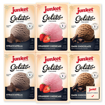 Junket Gelato Mix: Stracciatella (Vanilla Chocolate), Dark Chocolate, And Strawberry Cheesecake, Homemade Gelato Ice Cream Mix For Ice Cream Maker Or Stir By Hand, Start To Finish In Minutes, 4 Ounce Box, Yields 1 Quart Gelato (Variety Pack Of 6)