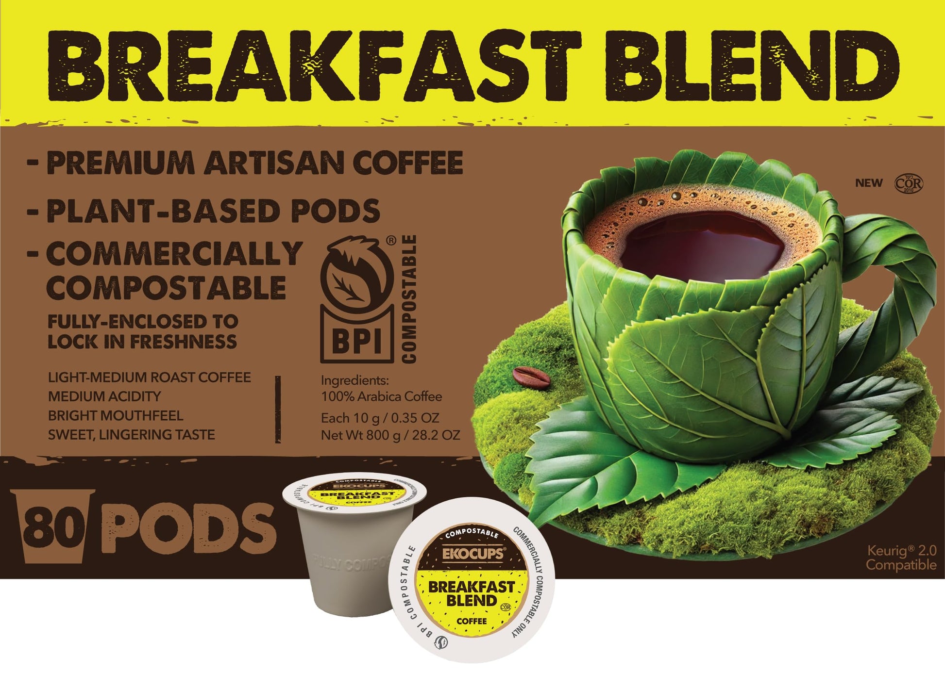 Ekocups Breakfast Blend Coffee Pods - Light Roast, Compostable, Plant-Based & Freshness-Sealed - French Press-Quality Brew - K-C