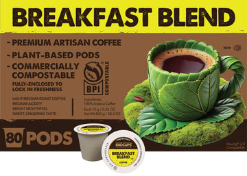 Ekocups Breakfast Blend Coffee Pods - Light Roast, Compostable, Plant-Based & Freshness-Sealed - French Press-Quality Brew - K-C
