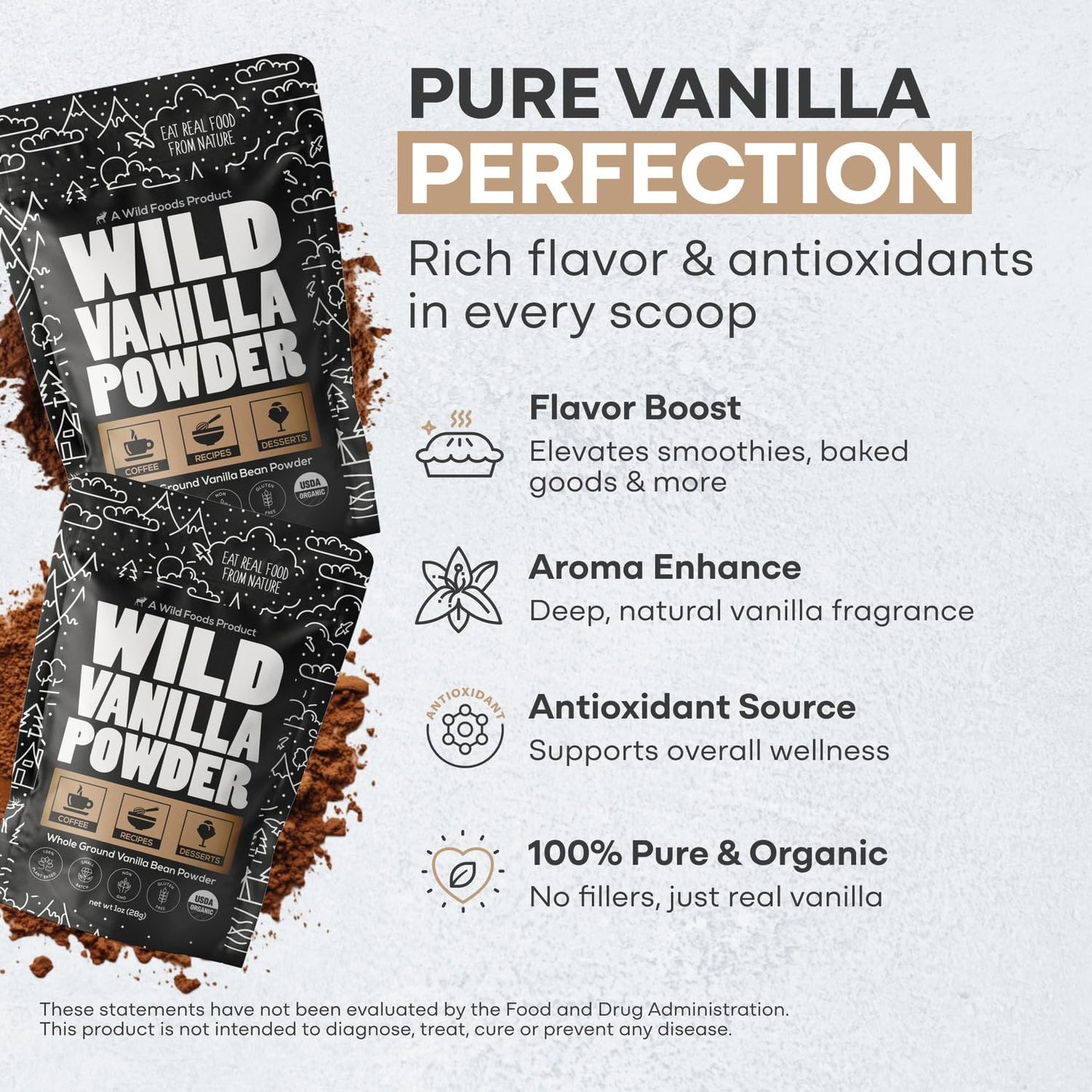 Wild Foods Organic Vanilla Bean Powder - Pure Madagascar Vanilla for Baking, Cooking & Smoothies - 1 Ounce - Gluten Free, Non GMO