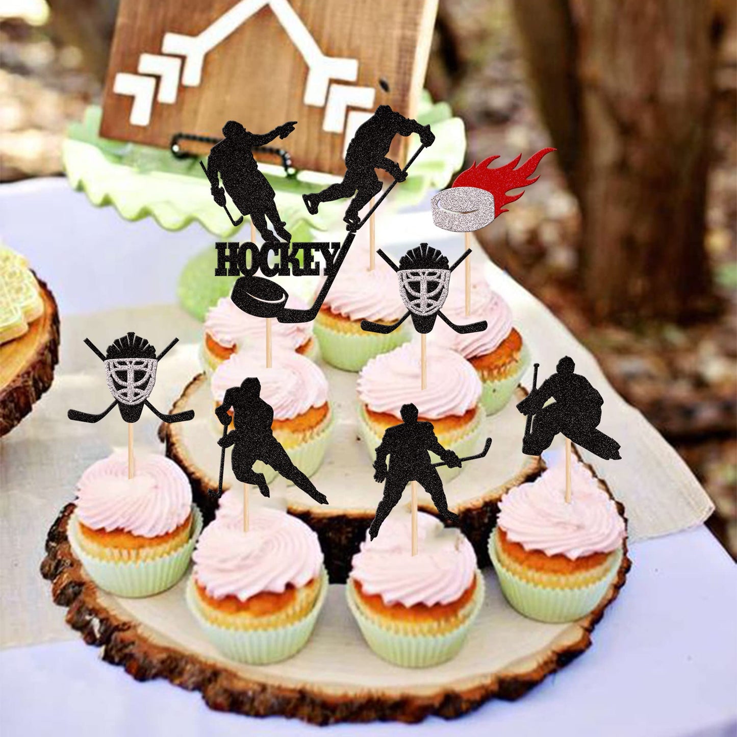 24 Pcs Hockey Cupcake Toppers Black Glitter Hockey Players Cupcake Picks Ice Hockey Sports Theme Baby Shower Kids Boys Girls Bir