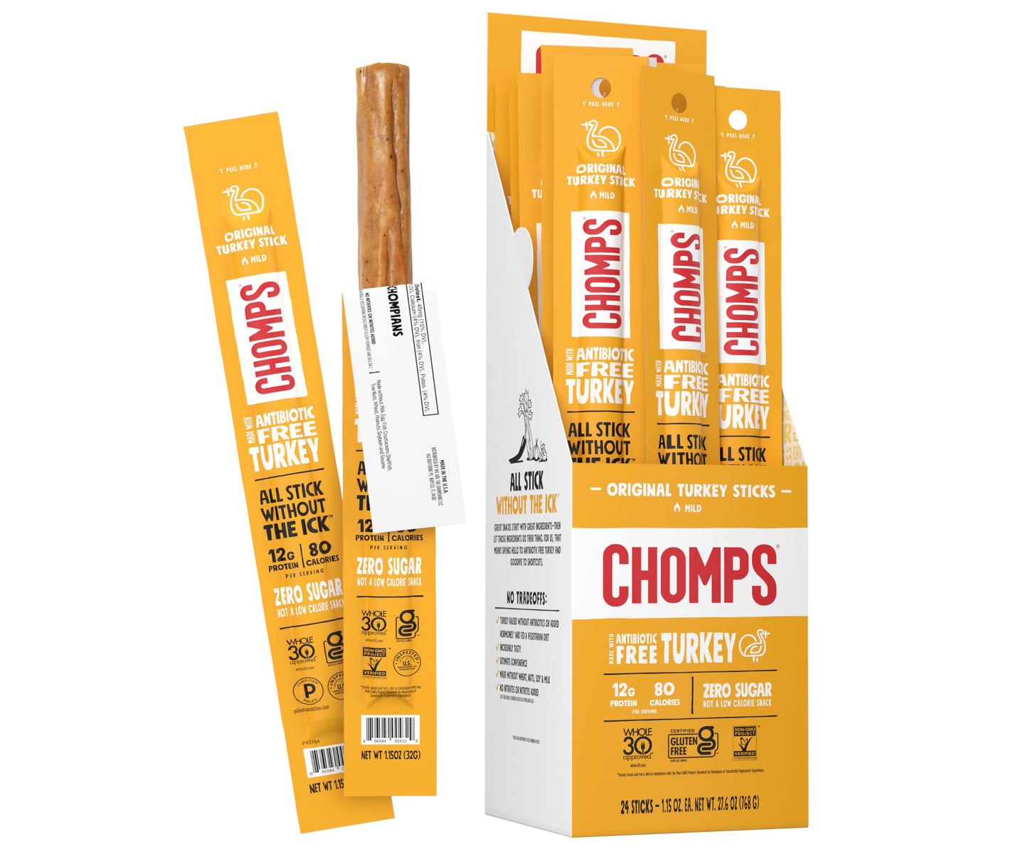 Chomps Original Turkey Jerky Snack Sticks, Keto, Gluten Free, 1.15oz (24 Pack), Yellow