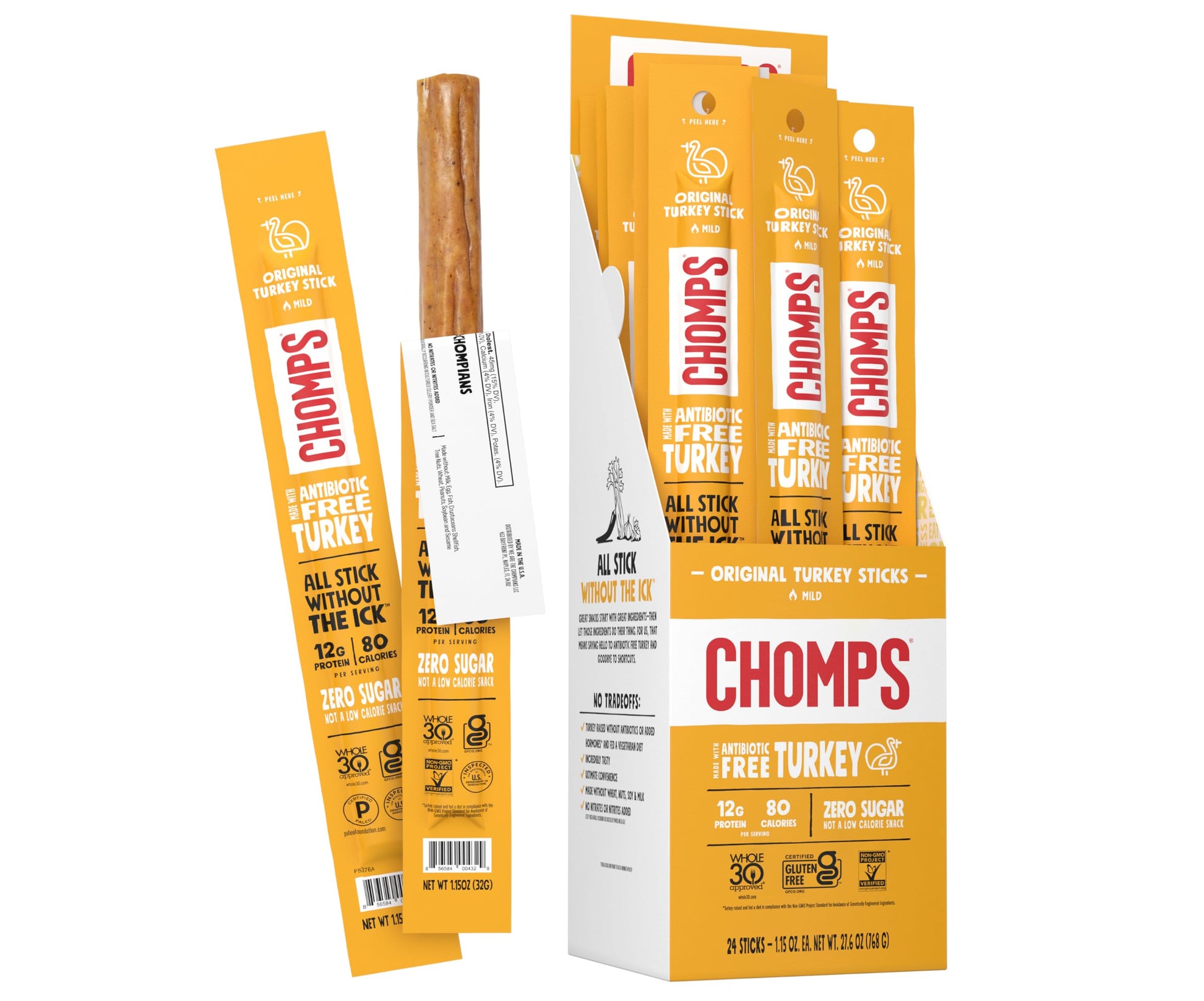 Chomps Original Turkey Jerky Snack Sticks, Keto, Gluten Free, 1.15oz (24 Pack), Yellow