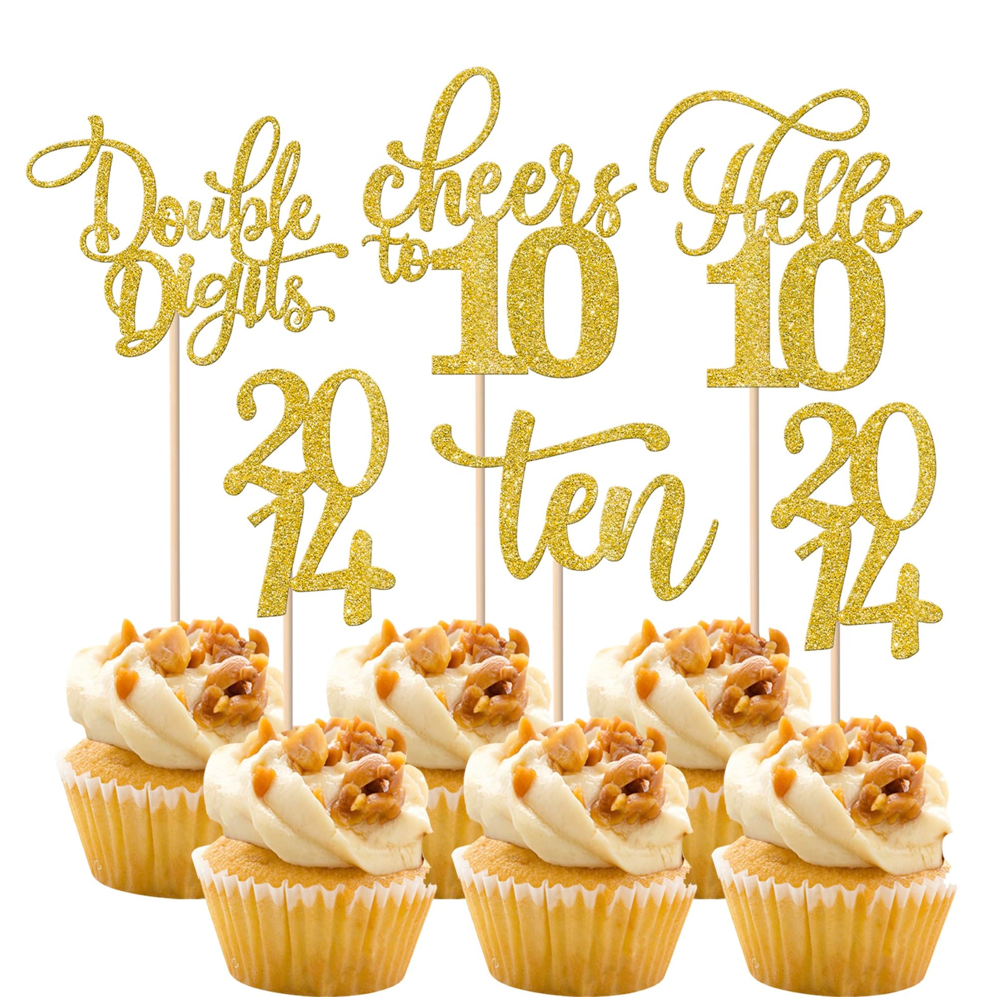 Rsstarxi Cupcake Toppers 30 Pack Glitter Gold Double Digits 10th Birthday Decorations Model XM087