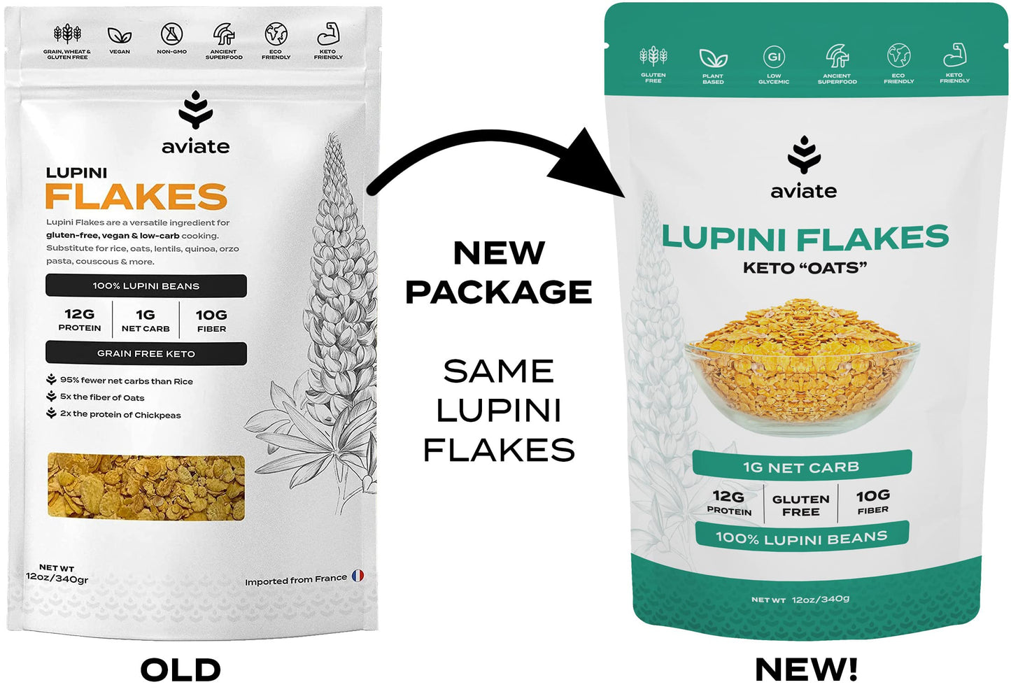 Aviate Lupini Flakes - Vegan Superfood, Non-GMO, Gluten Free, High Protein, Low Calorie - 12 Ounces