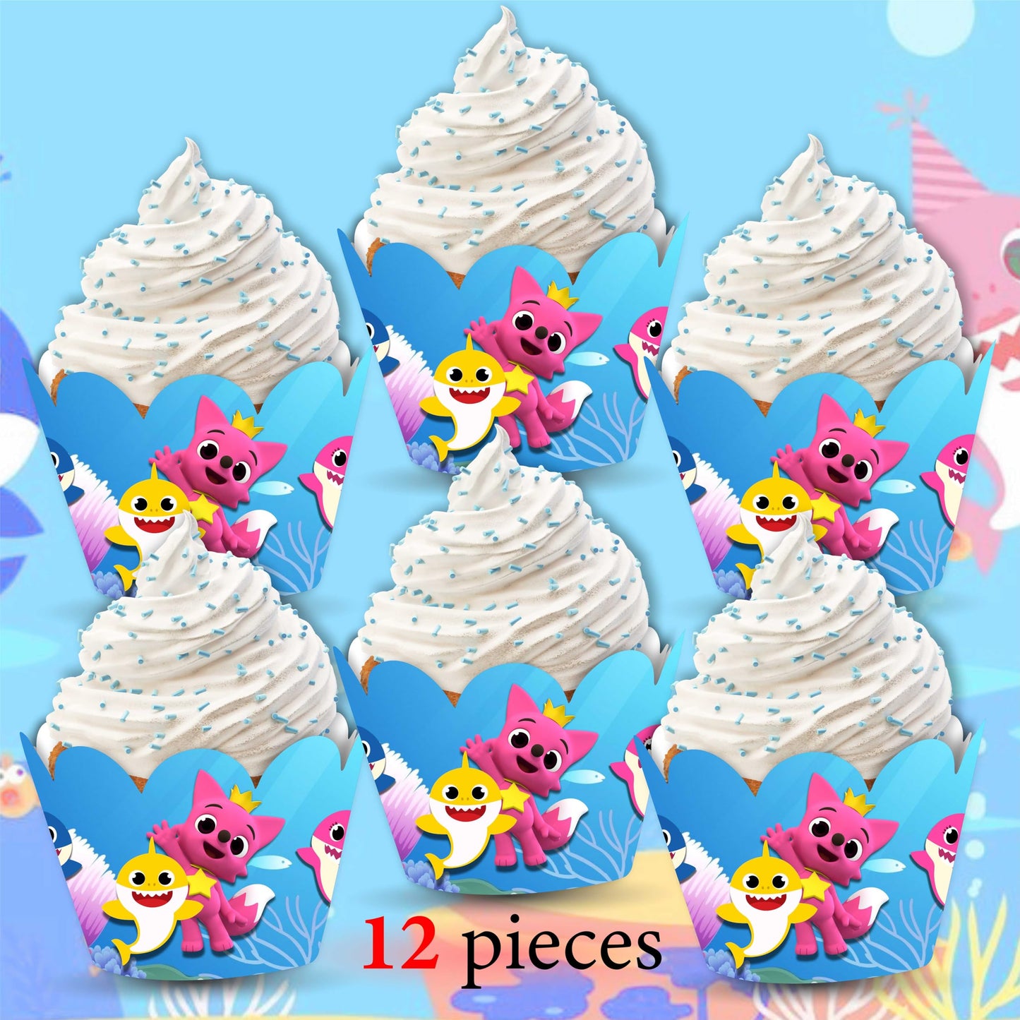 Bby Shark Cupcake Wrapper For Birthday Party – Underwater Ocean Theme Cupcake Decoration– Cute Shark Family Cupcake Holders For Baby Shower, First Birthday, Or Pool Party – Party Supplies