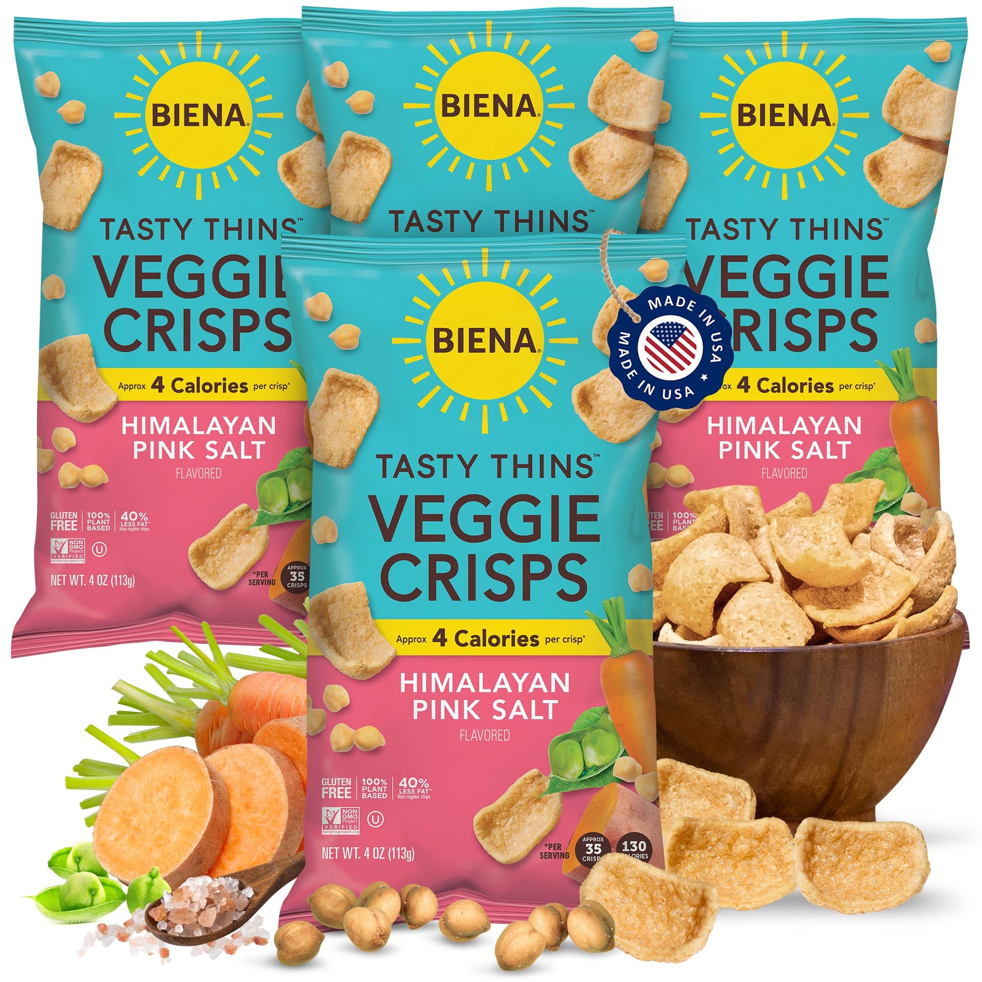 Biena Tasty Thins Veggie Crisps - Low Calorie Veggie Chips For Adults And Kids - 4-Pack, 4 Ounce Bags - Himalayan Pink Salt