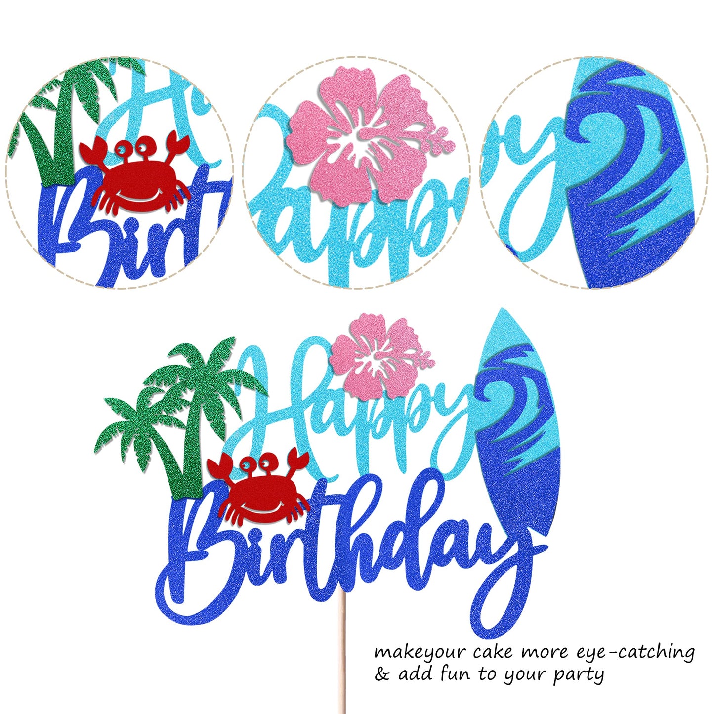 Rssta i Beach Birthday Cake Topper, Glitter Flower Crab Palm Leaf, Model XM095, Pattern 2, for Kids Luau Theme Party Decorations