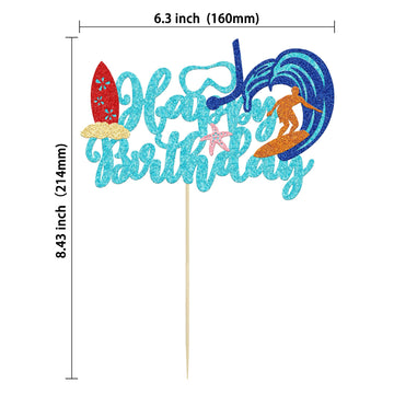Gyufise 1Pc Summer Happy Birthday Cake Topper Blue Glitter Summer Pool Swimming Surfing Cake Decoration For Summer Holiday Beach
