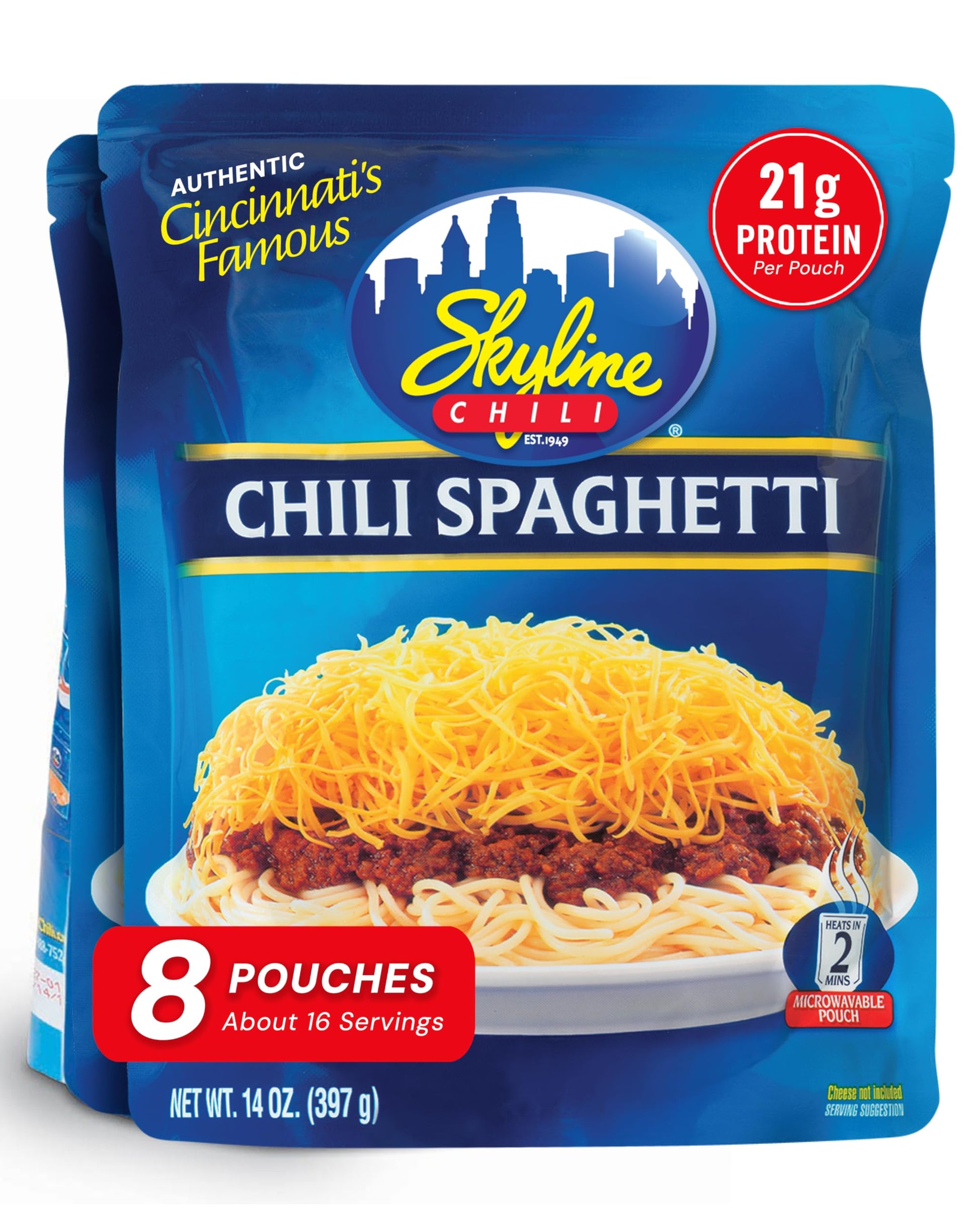 Skyline Chili & Spaghetti - Cincinnati Style - Authentic Recipe in Microwavable Pouches, Ideal for Cheese Coneys & Hot Dogs - Cl