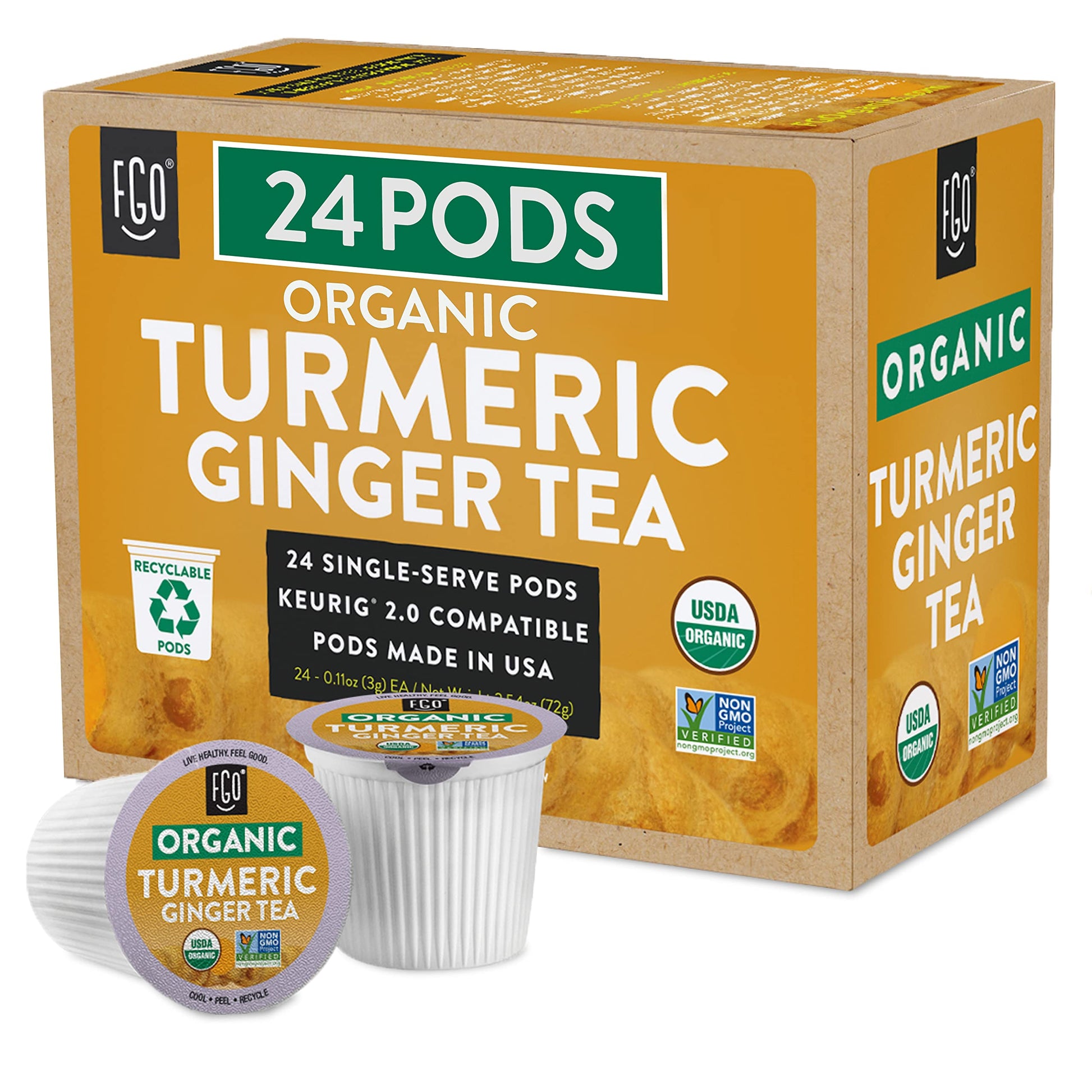 FGO Organic Turmeric Ginger Tea K-Cup Pods, Naturally Caffeine-Free, 24 Count, Keurig Compatible