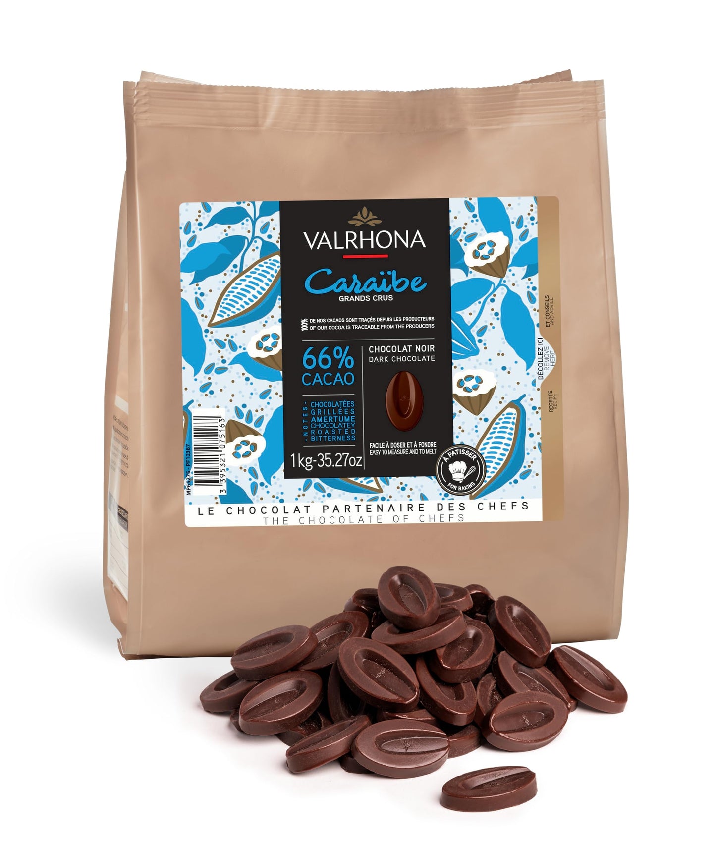 Valrhona Dark French Semisweet Chocolate Discs for Baking (Feves). enhanced CARABE 66% Cacao Grand Cru Blend. Better than Chocolate Chips  Perfect for Cookies  Cakes  Mousses  Frostings 1 KG
