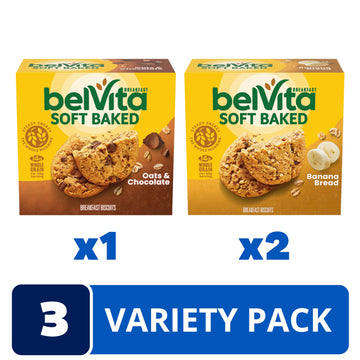 Belvita Soft Baked Breakfast Biscuits Variety Pack With Banana Bread And Oats And Chocolate, 15 Total Packs, 3 Boxes (1 Biscuit