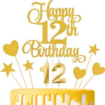 Lecferrarc 12th Birthday Cake Decorations, 12th Birthday Candles Cake Numeral Candles and Glitter Happy 12th Birthday Cake Toppe