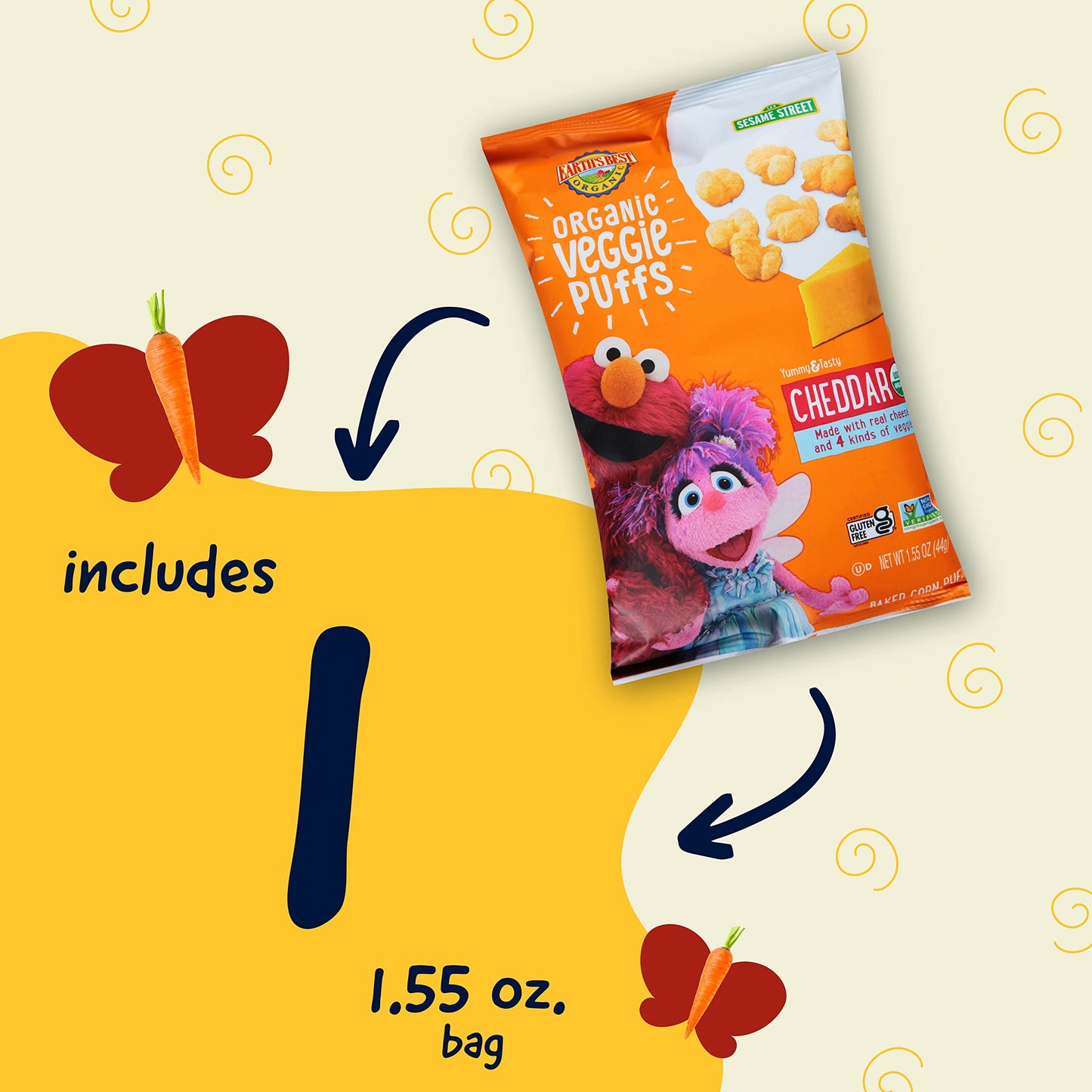 Earth'S Best Organic Kids Snacks, Sesame Street Toddler Snacks, Organic Cheddar Veggie Puffs, Gluten Free Snacks For Kids 2 Year