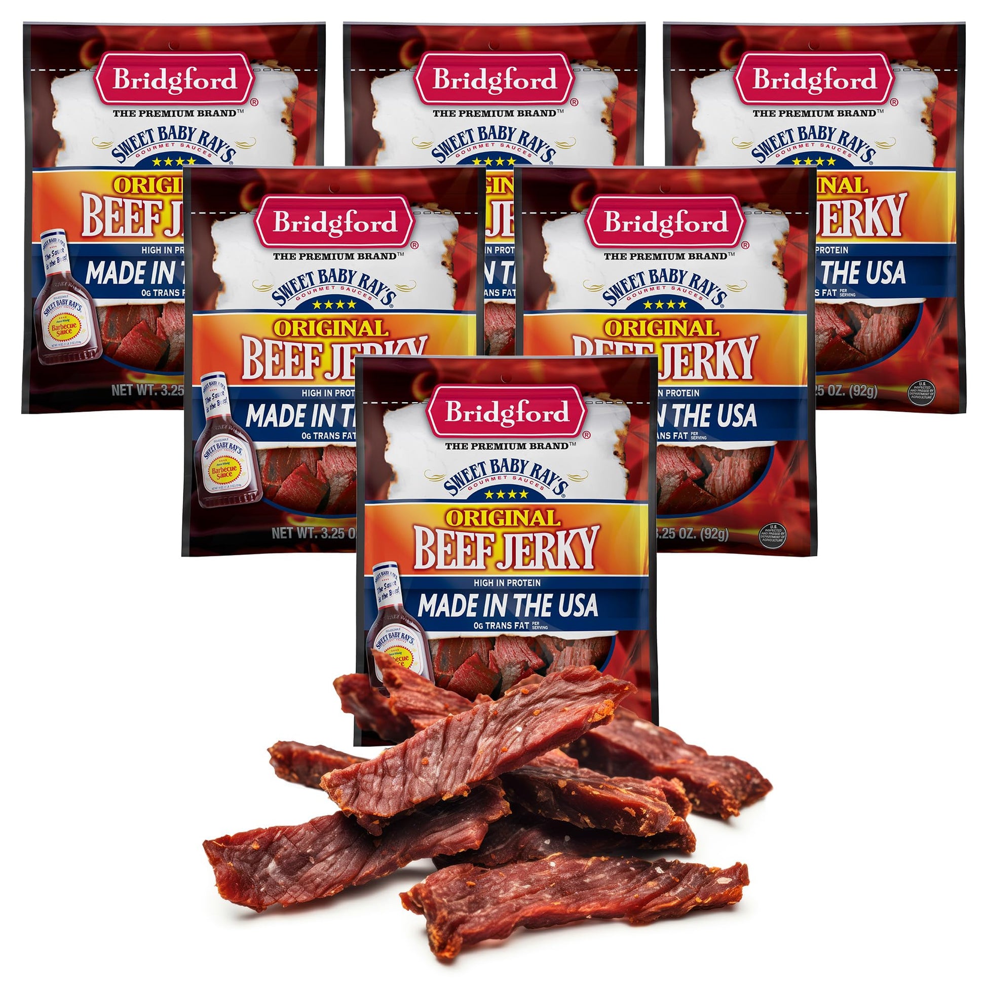 Bridgford Sweet Baby Rays Beef Jerky Original 3.25 oz Pack of 6 - Healthy High Protein Beef Jerky for Your Dietary Preferences -