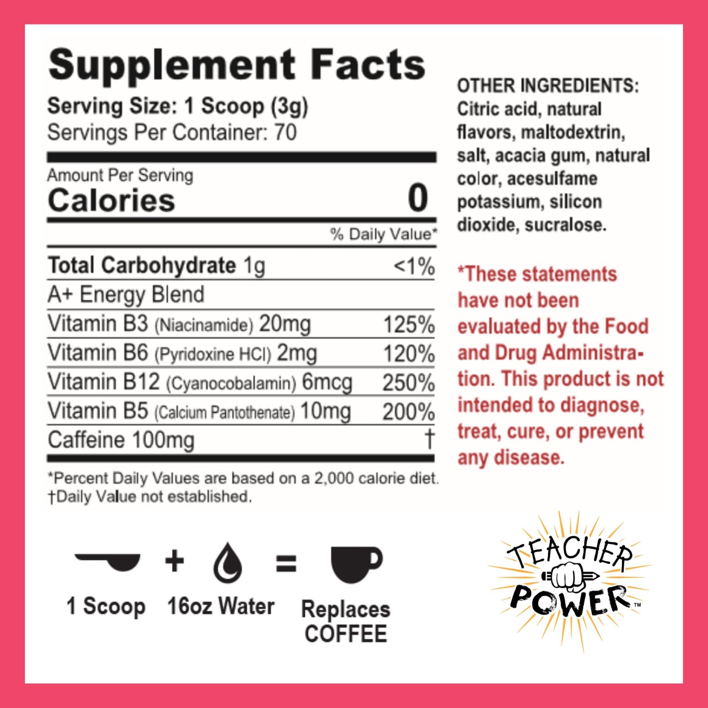 TEACHER POWER Strawberry Lemonade Energy Drink, Sugar Free, 70 Servings, 100mg Caffeine, 7.5 Ounce
