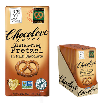 Chocolove Pretzel Milk Chocolate Bars | 33% Cocoa | Infused With Gluten-Free Pretzel Bits | Crafted With Silky Belgian Chocolate | Non Gmo, Rainforest Alliance Certified, 3.2Oz Bar (12 Pack)