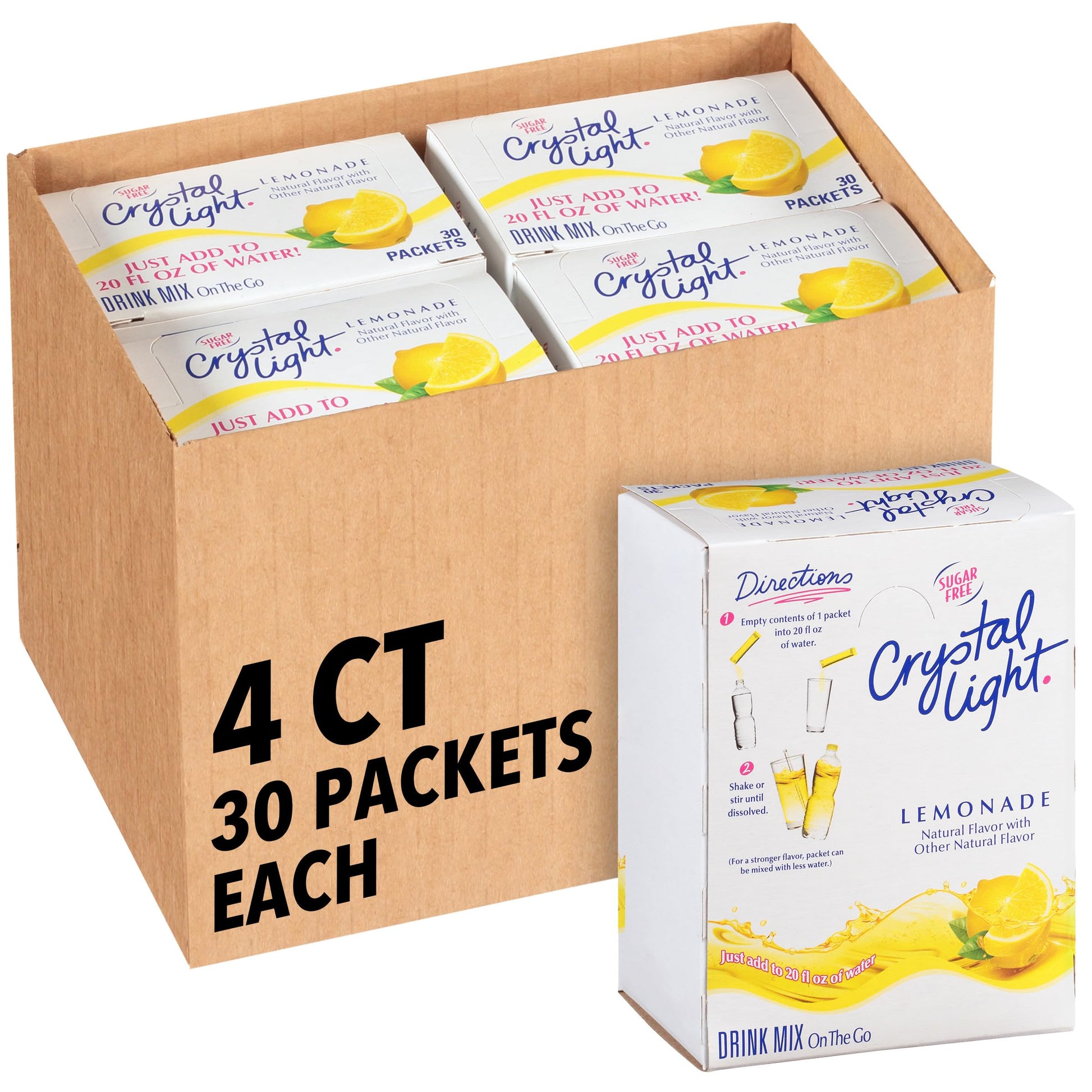 Crystal Light Single Serve Lemonade Naturally Flavored With Other Natural Flavors, Powdered Drink Mix, 120 Per Case, 4 Boxes Of 30 On-The-Go Packets