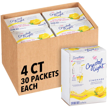 Crystal Light Single Serve Lemonade Naturally Flavored With Other Natural Flavors, Powdered Drink Mix, 120 Per Case, 4 Boxes Of 30 On-The-Go Packets