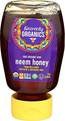Heavenly Organics 100% Organic Raw Neem Honey (12 Oz Squeeze Bottle) Made From Wild Beehives & Free Range Bees Dairy Nut Gluten-