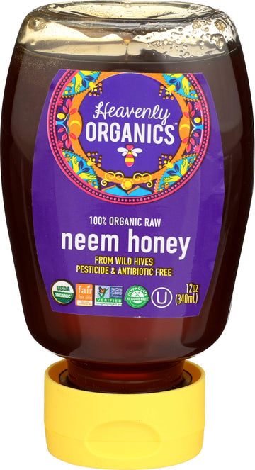 Heavenly Organics 100% Organic Raw Neem Honey (12 Oz Squeeze Bottle) Made From Wild Beehives & Free Range Bees Dairy Nut Gluten-