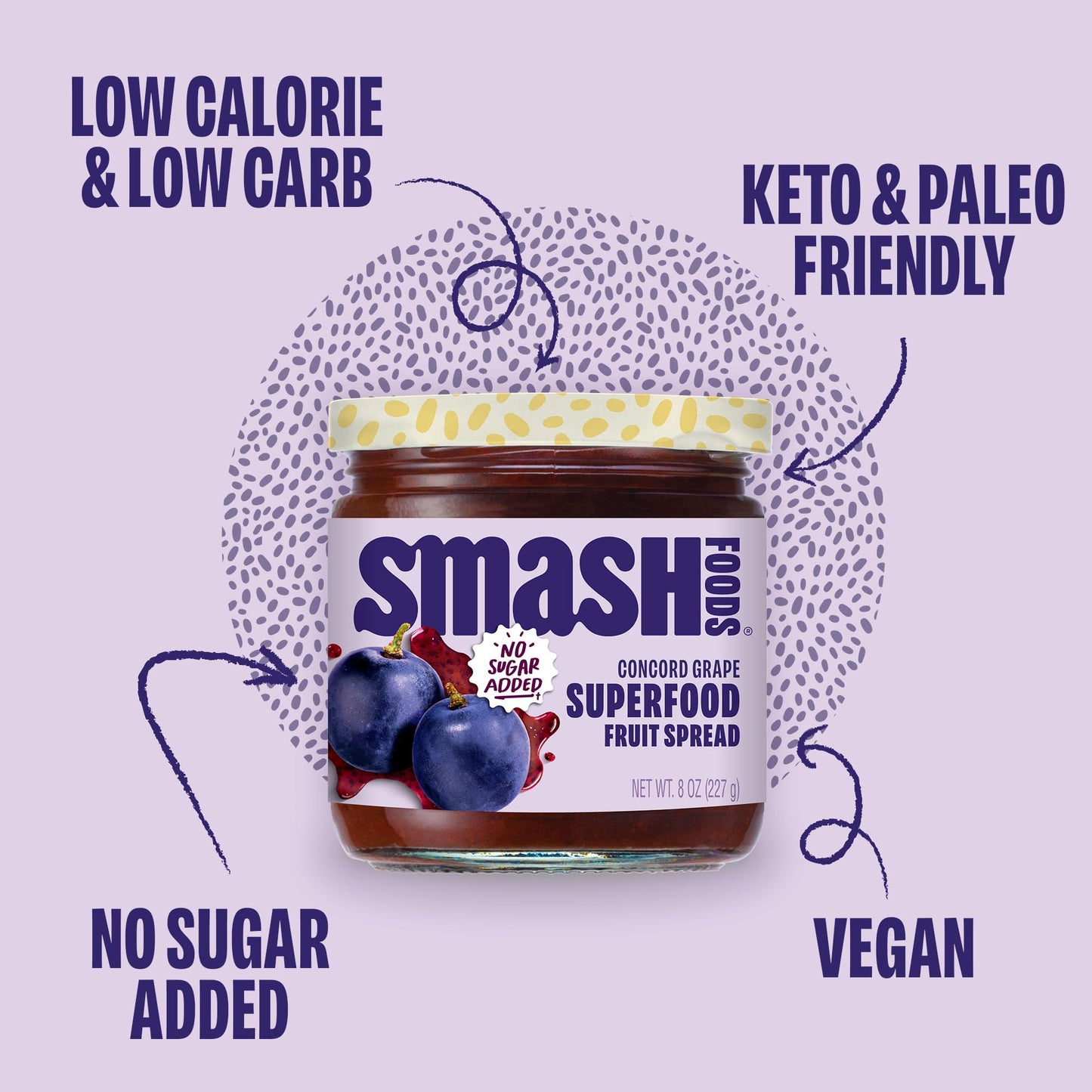 Smash Foods Grape Jam | Low-Calorie, No Sugar Added Keto Jam With Upcycled Fruit & Chia Seeds | Vegan, Paleo Superfood Fruit Spr