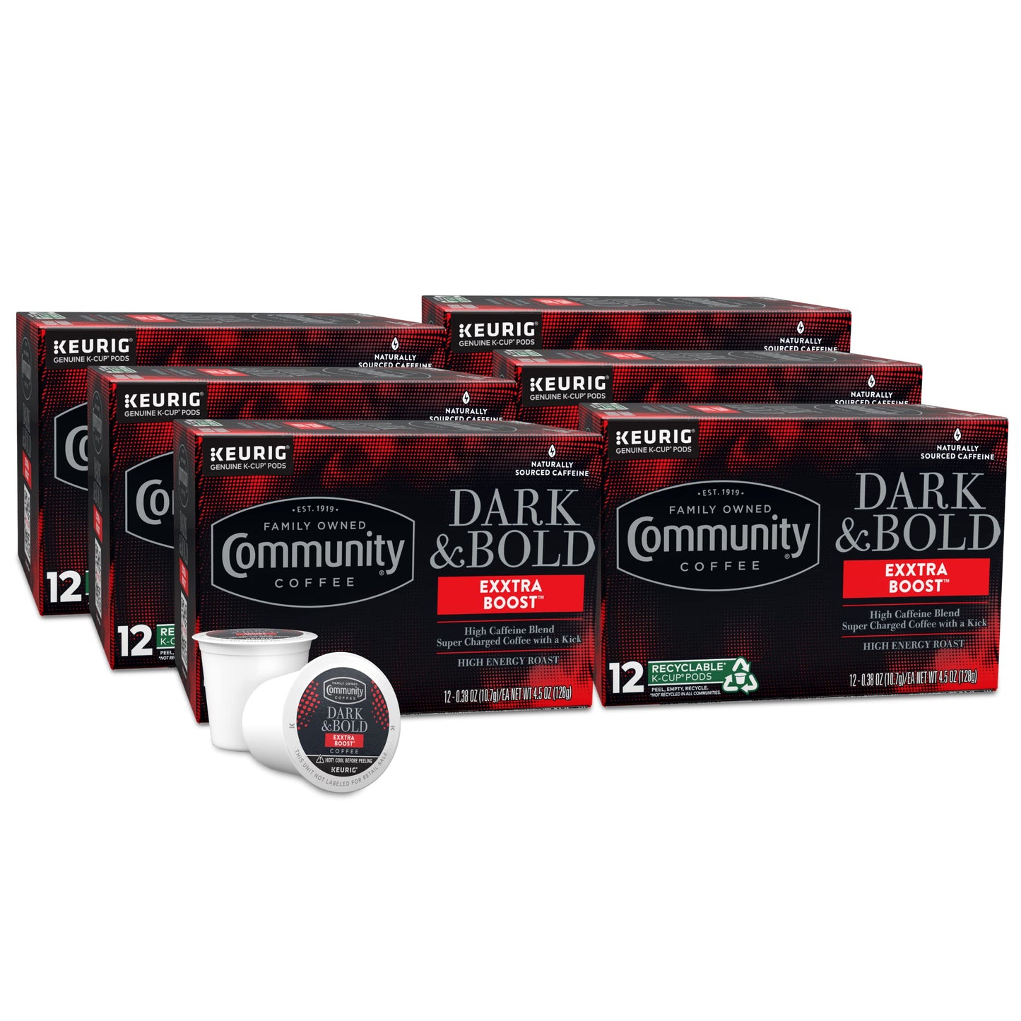 Community Coffee Dark & Bold Extra Boost Coffee Pods, Compatible with Keurig 2.0, 72 Count, 12 Count (Pack of 6)