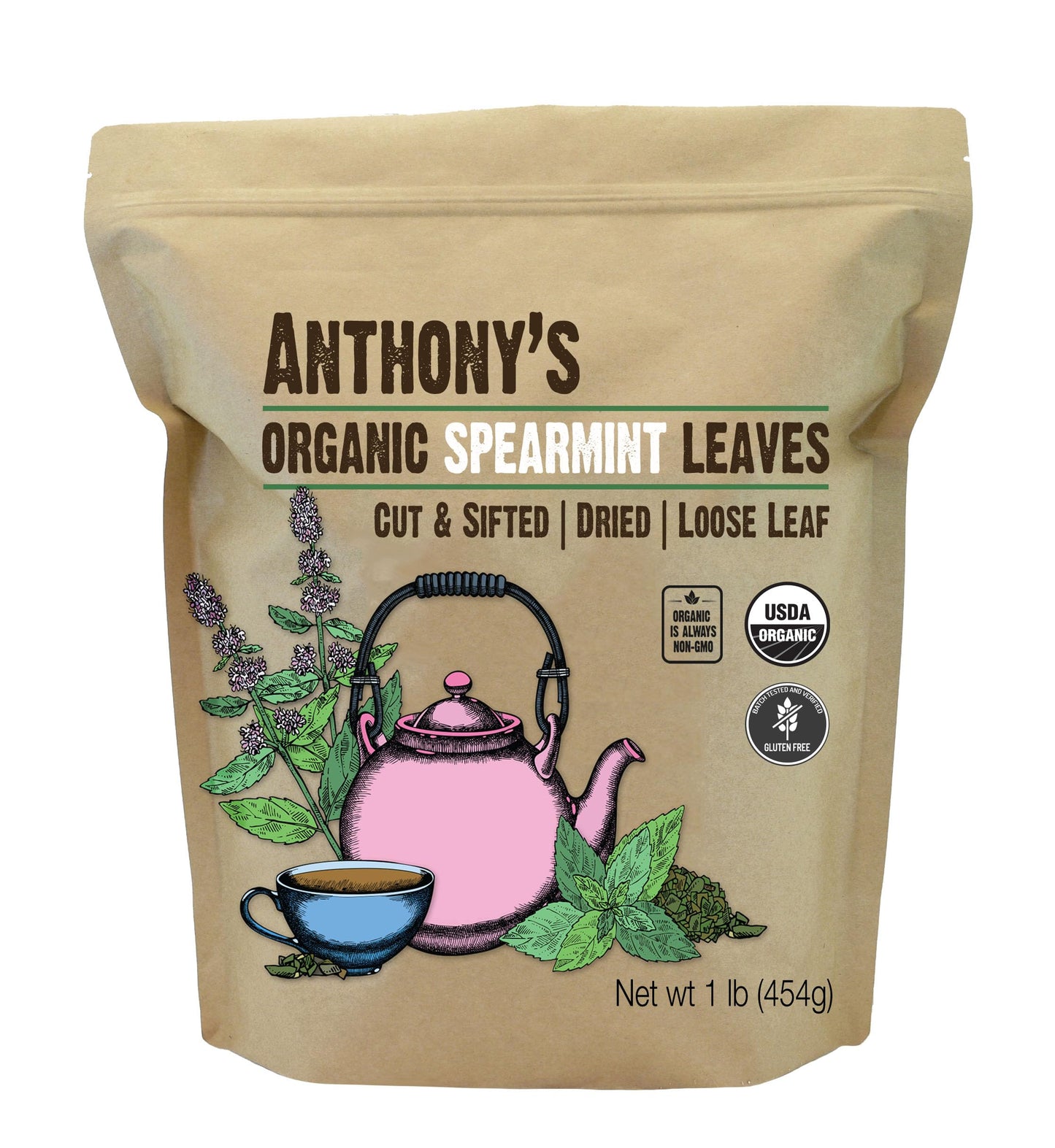 Anthonys Organic Dried Spearmint Leaves  1 lb  Gluten Free  Non GMO  Cut and Sifted