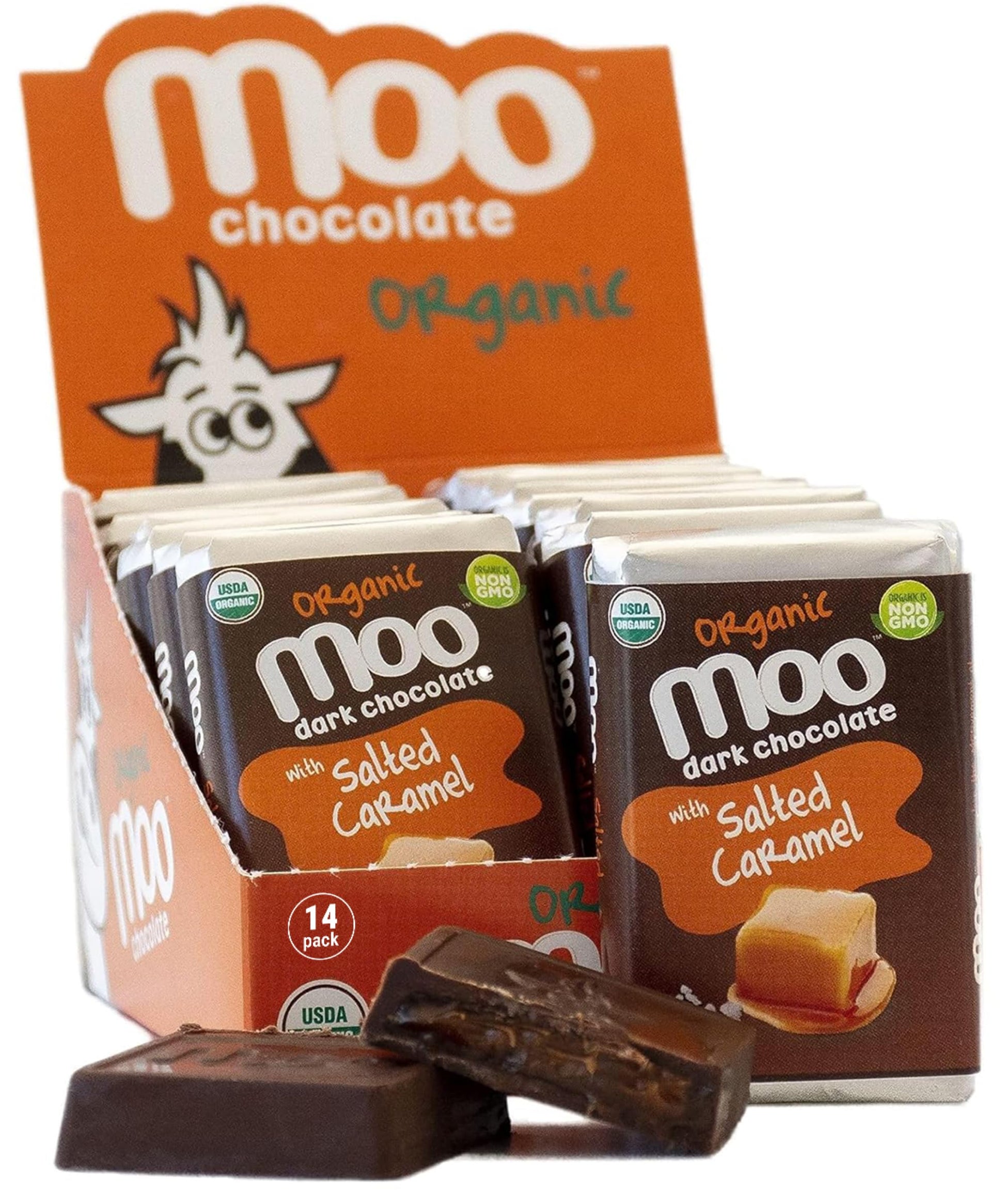 Moo Chocolates Organic Dark Chocolate Mini Bars with Salted Caramel 0.7oz, 14 ct (Pack of 1) | USDA Organic, Non-GMO | 100 Calor