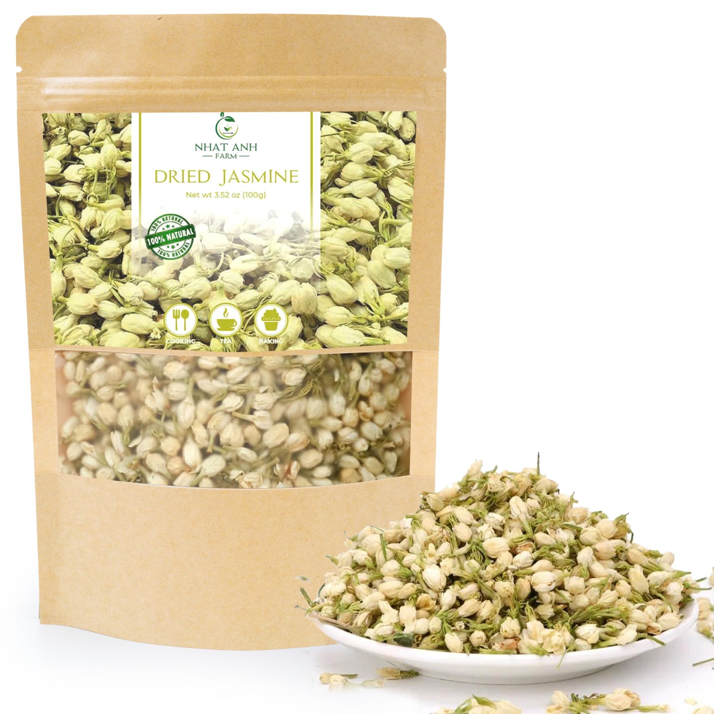 Nhat Anh Farm - Dried Jasmine Flowers - Pure Jasmine Buds 3.5Oz(100G) Natural & Pure - Dried Jasmine Flowers Sugar/Energy Blend/Gluten Free. Making Tea  Baking