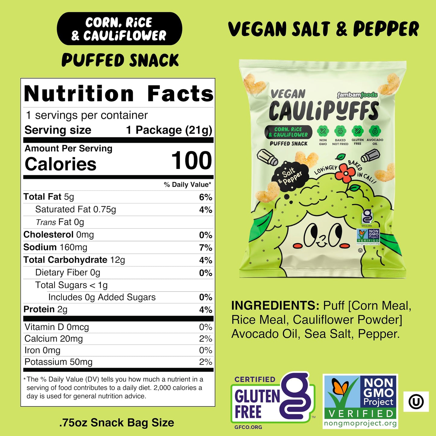 Vegan Salt & Pepper Caulipuffs - Corn, Rice, And Cauliflower Gluten Free Puffed Snack (Box Of 15-0.75Oz Bags)