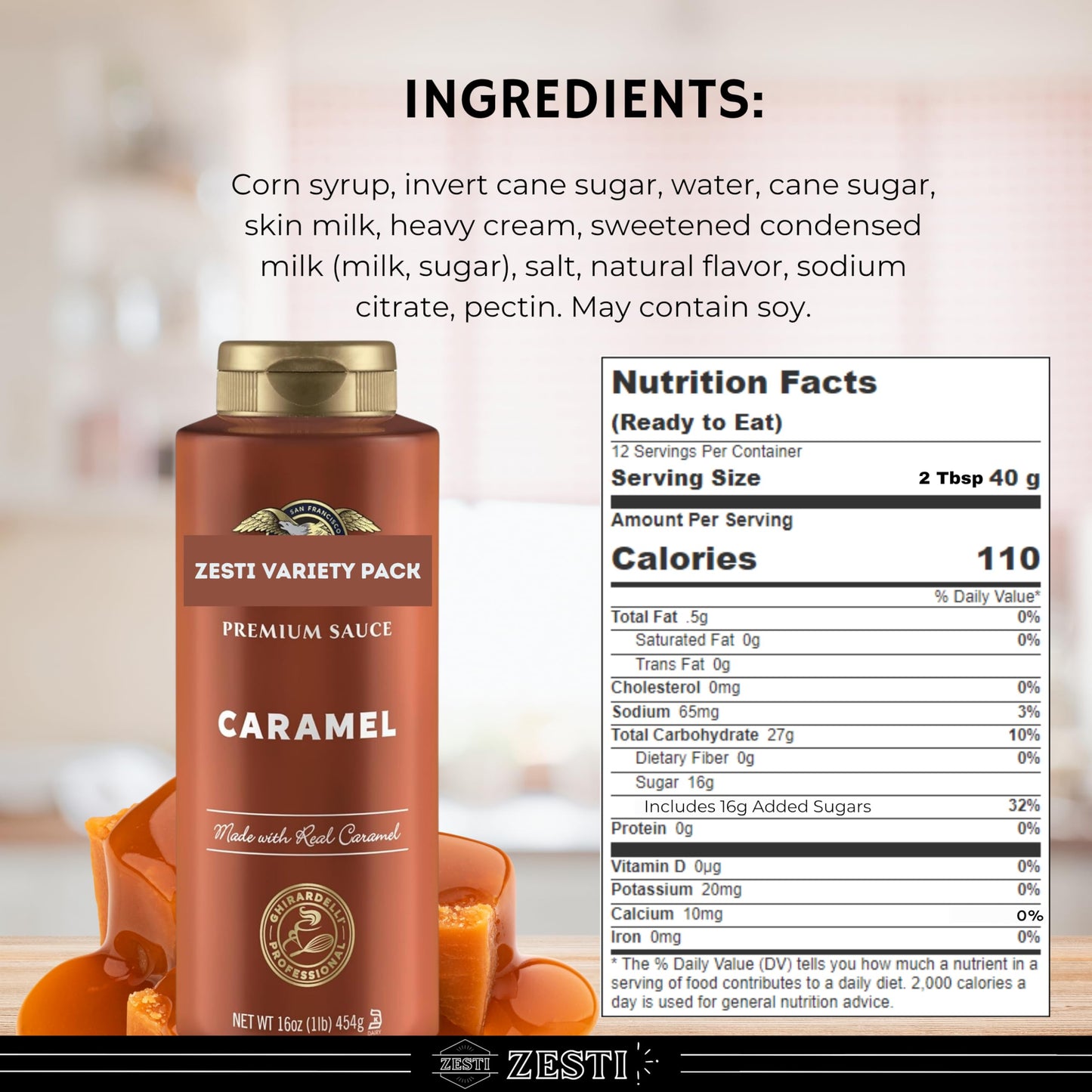 Chocolate, Sea Salt Caramel, White Chocolate, Caramel - 16 Oz (Pack Of 4) With Zesti Barista Spoon - For Coffee & Desserts