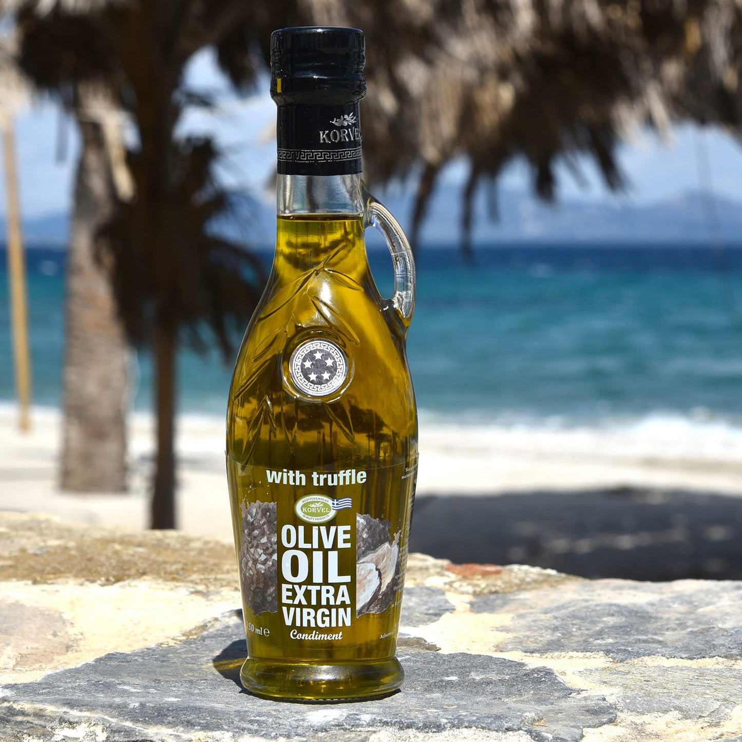 KORVEL Extra Virgin Olive Oil with Truffle, Glass Bottle Amphora, 250 ml (8.45 fl oz)
