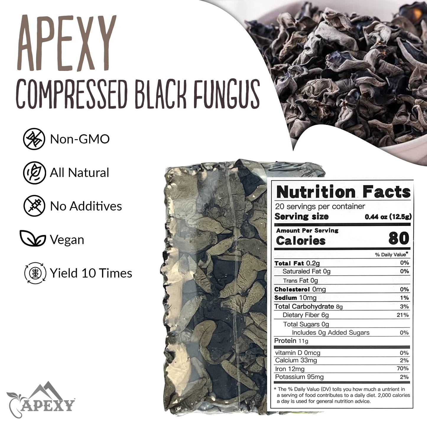 Apexy Enhanced Dried All Natural Compressed Black Fungus (Black Wood Ear Mushroom) - 8.8 Oz -- 10 Times Volume Yield After Soaking (Pack Of 1)