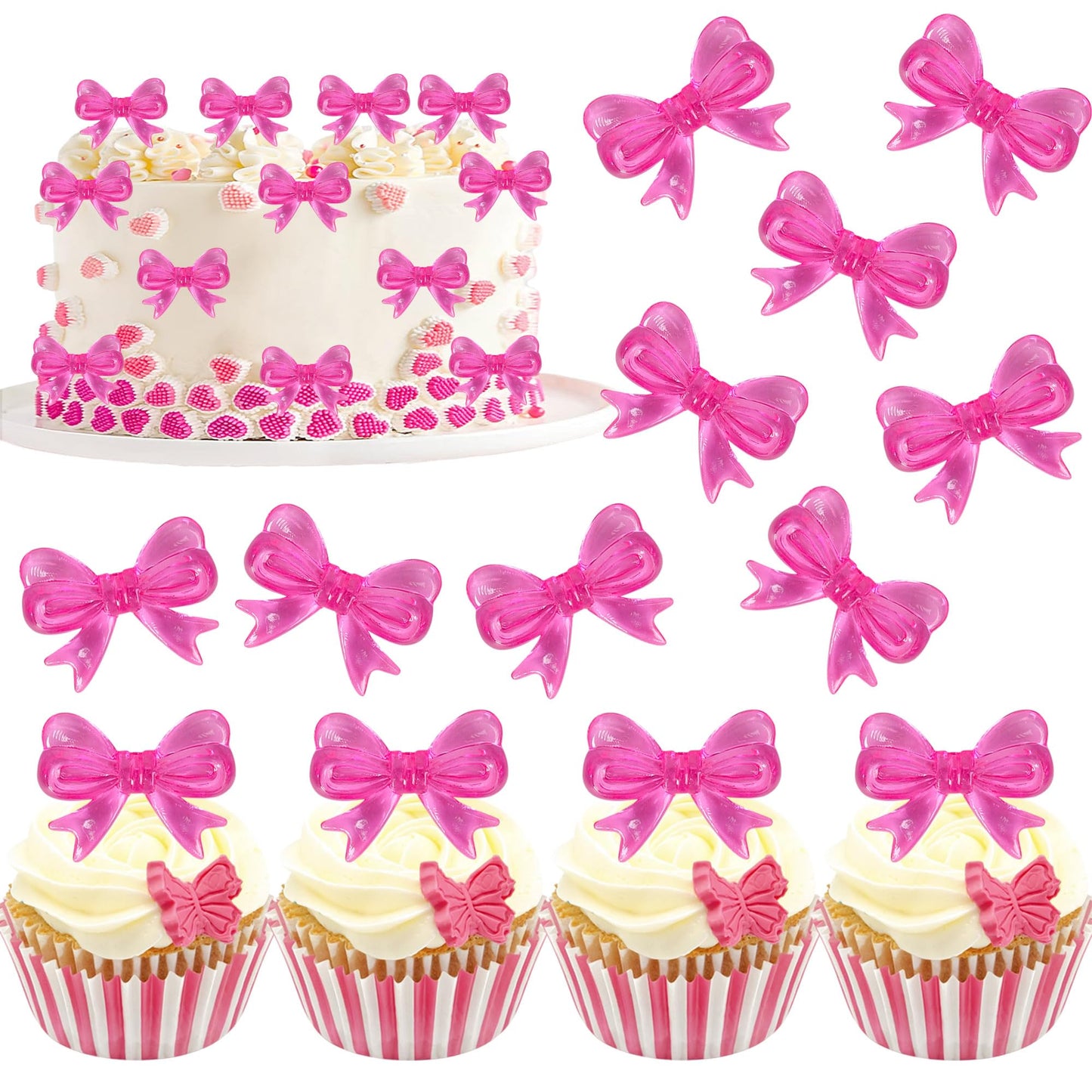 YCTHUNFISH 30 Pack Pink Bow Cupcake Toppers - Acrylic Cupcake Picks for Wedding, Bridal Shower, Birthday Party - Red