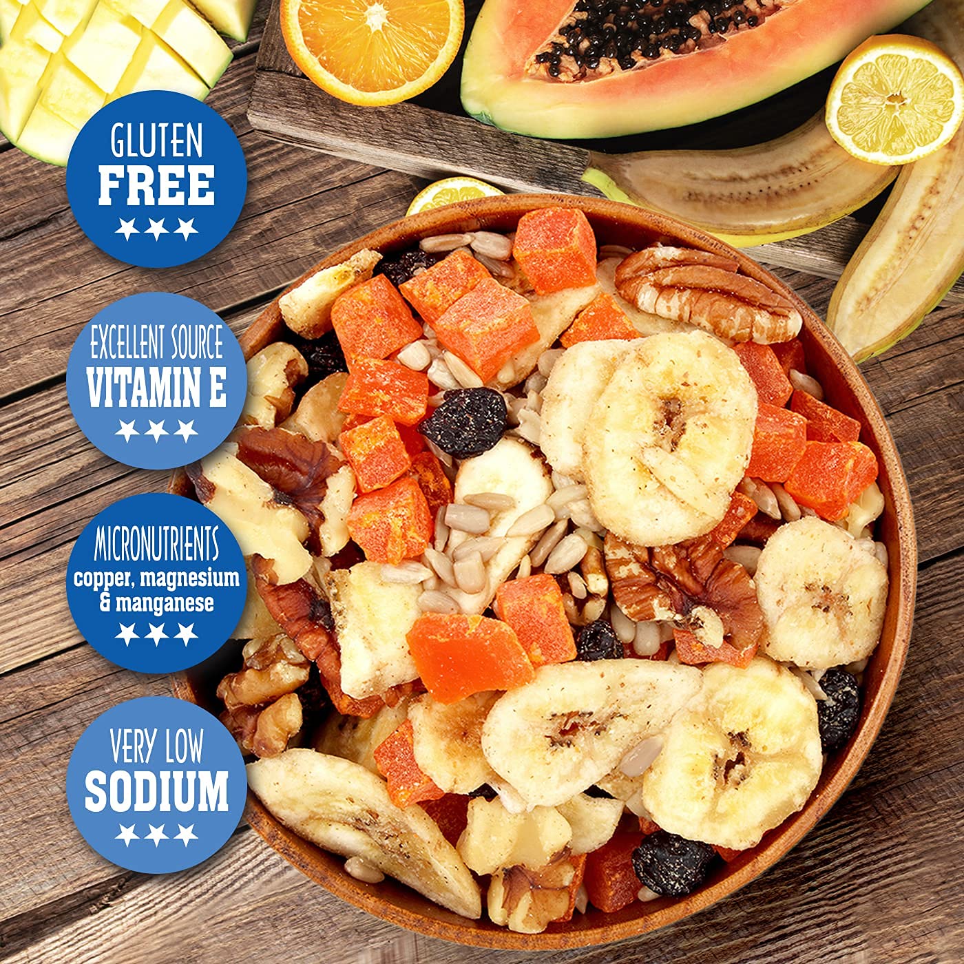 Sunkist® Antioxidant Trail Mix - Fruit, Nut And Seeds, Low Sodium, Gluten Free Snack With Papaya, Banana Chips, Pecans, Walnuts, Blueberries, Sunflower Seeds | Enhanced Quality | 13 Oz Resealable Bag