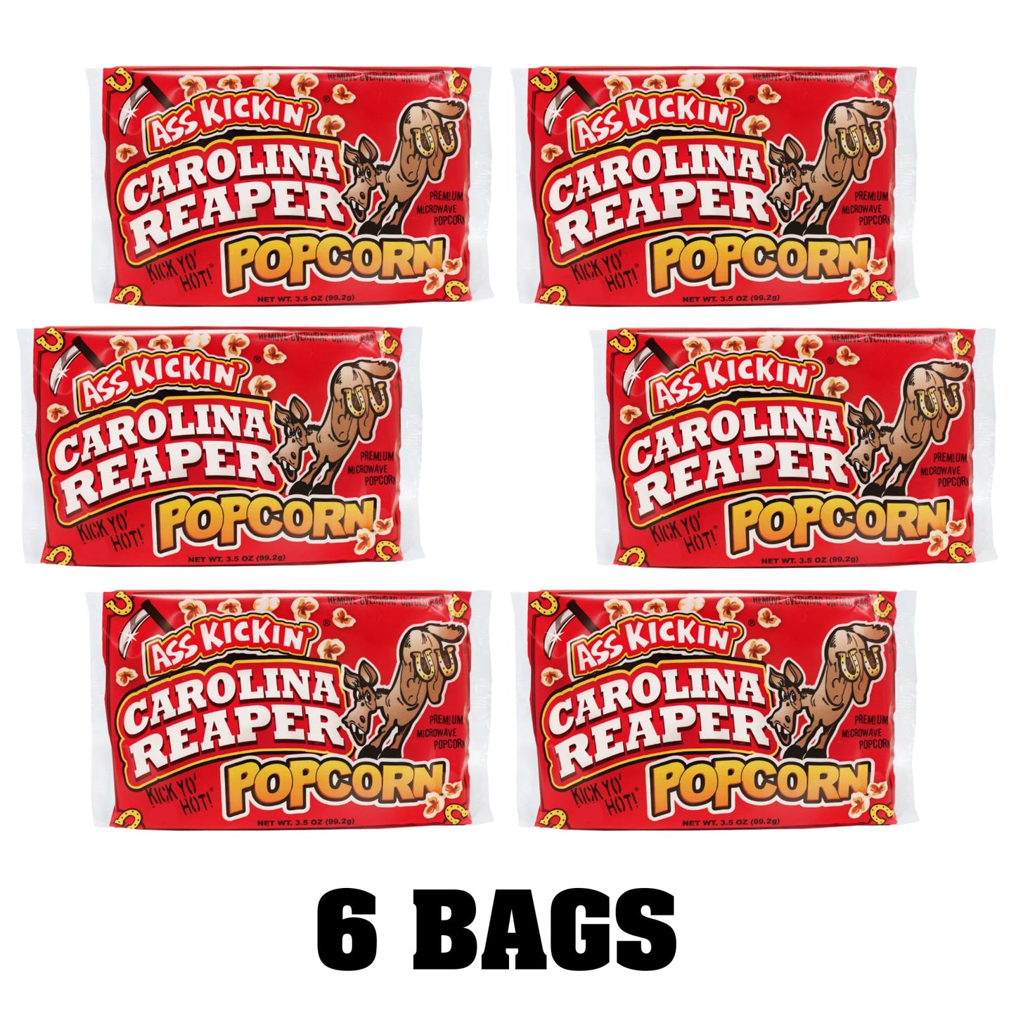 ASS KICKIN Carolina Reaper Pepper Microwave Popcorn - 6 Pack - Spicy Gourmet Snack - 1 Ounce Each
