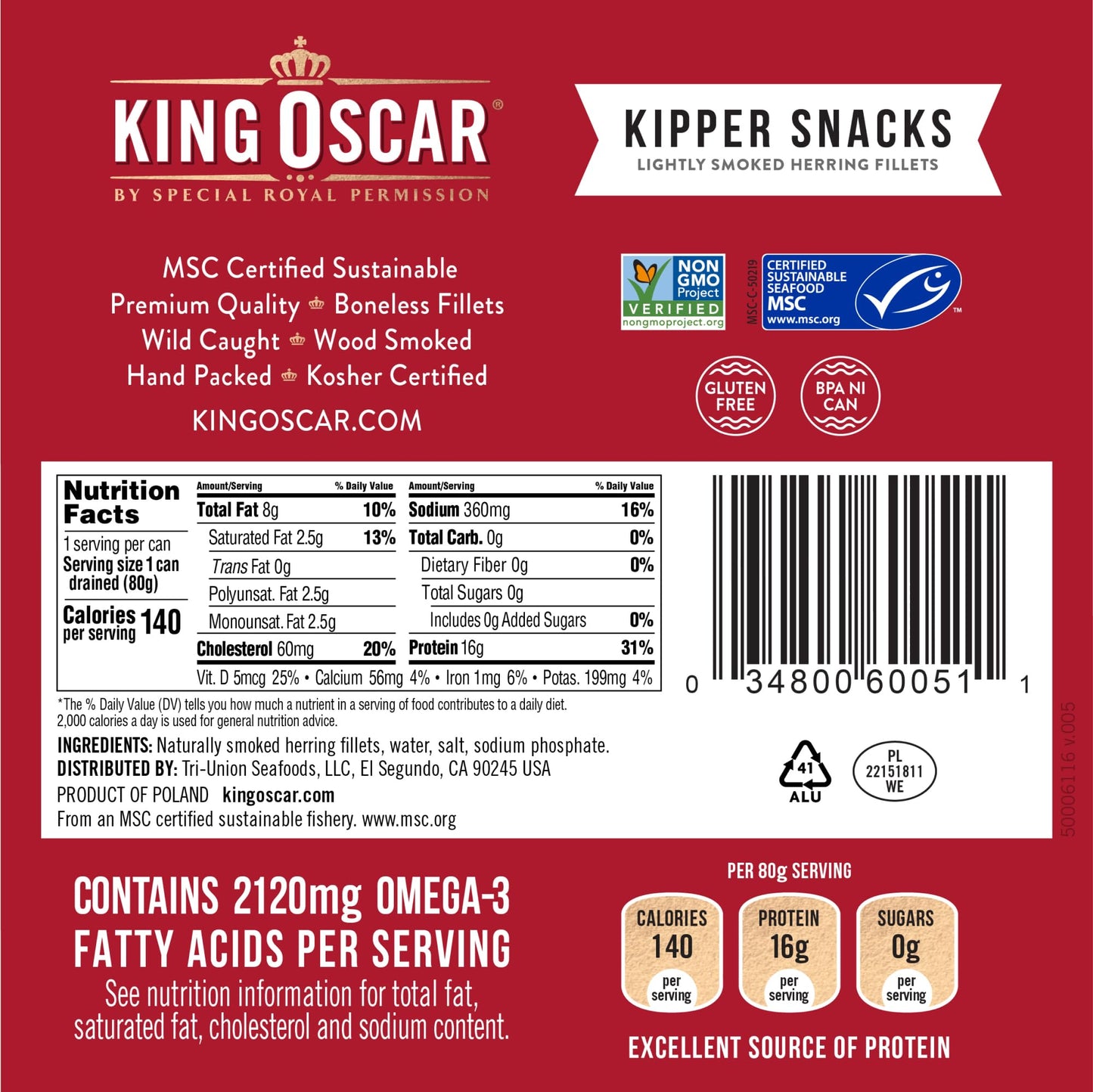 King Oscar Kipper Snacks, Lightly Smoked Herring Fillets, 3.54 Ounce Cans (Pack of 12), Wild Caught, Model KOC60051