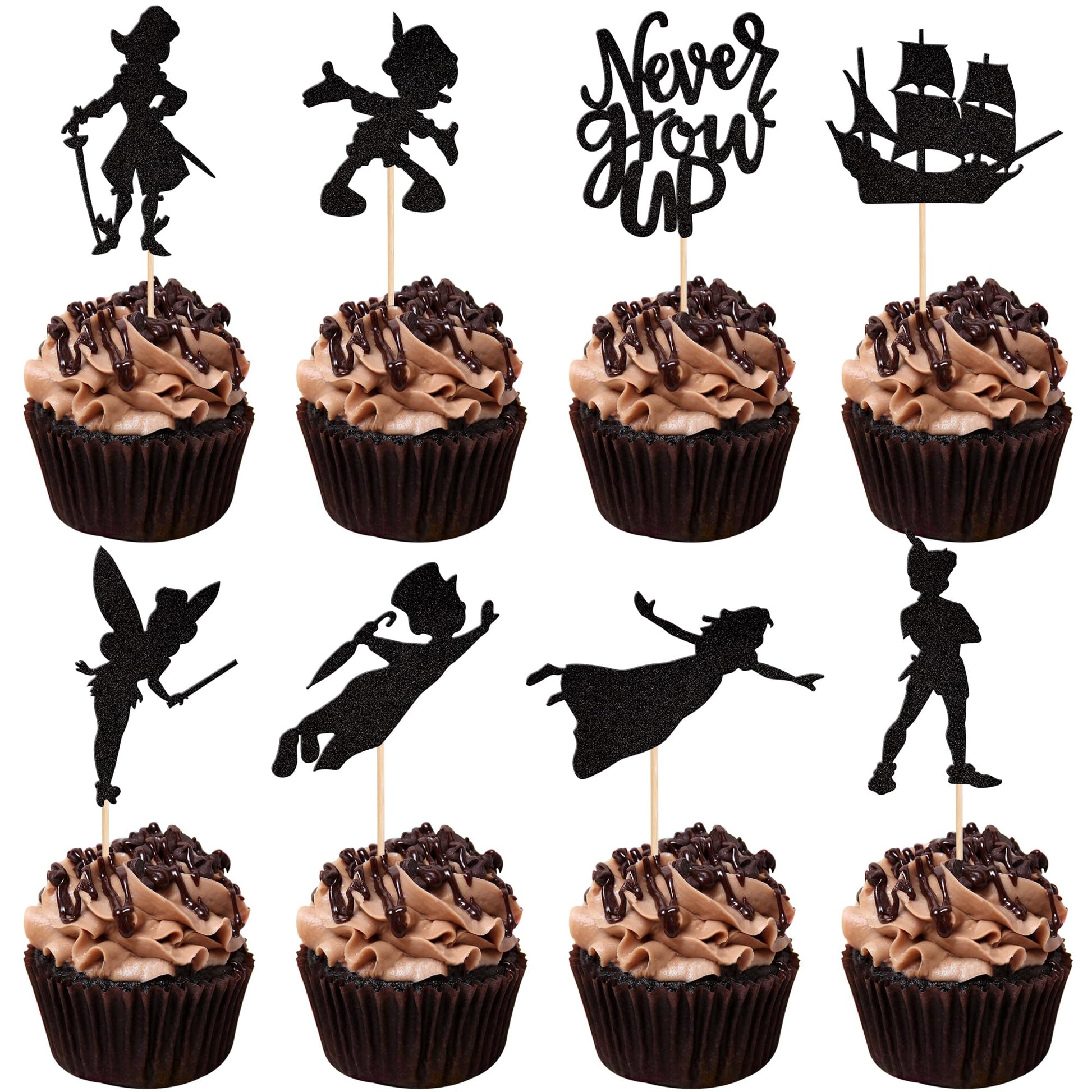 24 PCS Never Grow Up Cupcake Toppers Star Glitter Neverland Peter Pan Cupcake Picks Night Fairy Tales Elf Girl Cake Decorations 