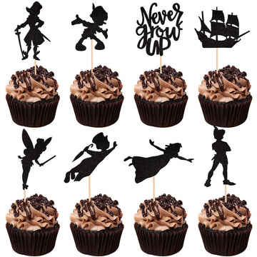 24 PCS Never Grow Up Cupcake Toppers Star Glitter Neverland Peter Pan Cupcake Picks Night Fairy Tales Elf Girl Cake Decorations 