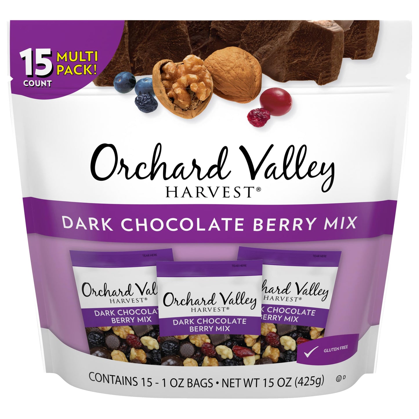 Orchard Valley Harvest Dark Chocolate Berry Mix  1Oz Snack Packs 15 Count - Walnuts  Sweetened Cranberries  Dark Chocolate Cherries  Blueberries  Gluten-Free  2G Fiber  Chocolate Covered Berries