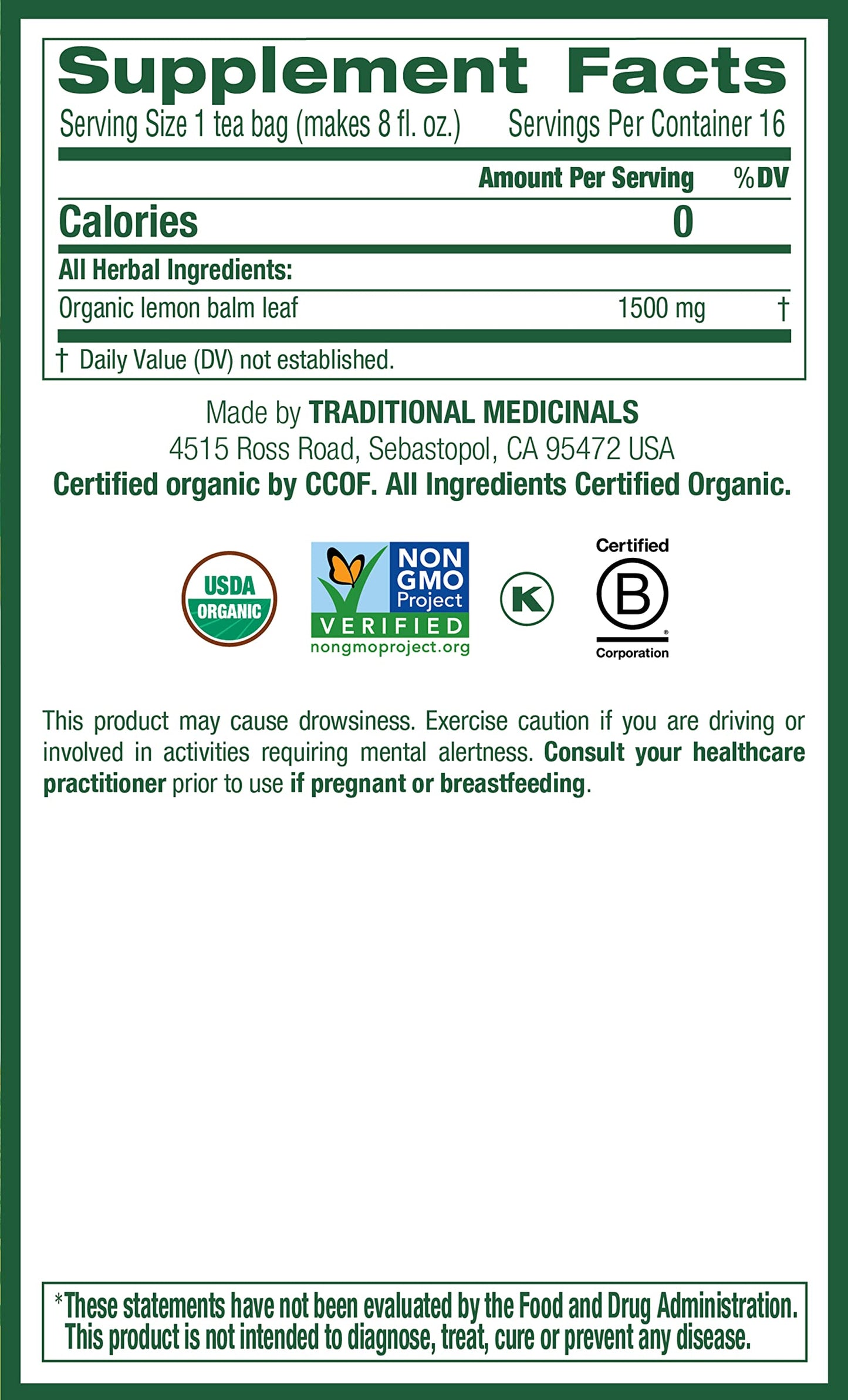 Traditional Medicinals Organic Lemon Balm Herbal Tea - 16 Bags per Pack, 0.85 Ounce (Pack of 6)