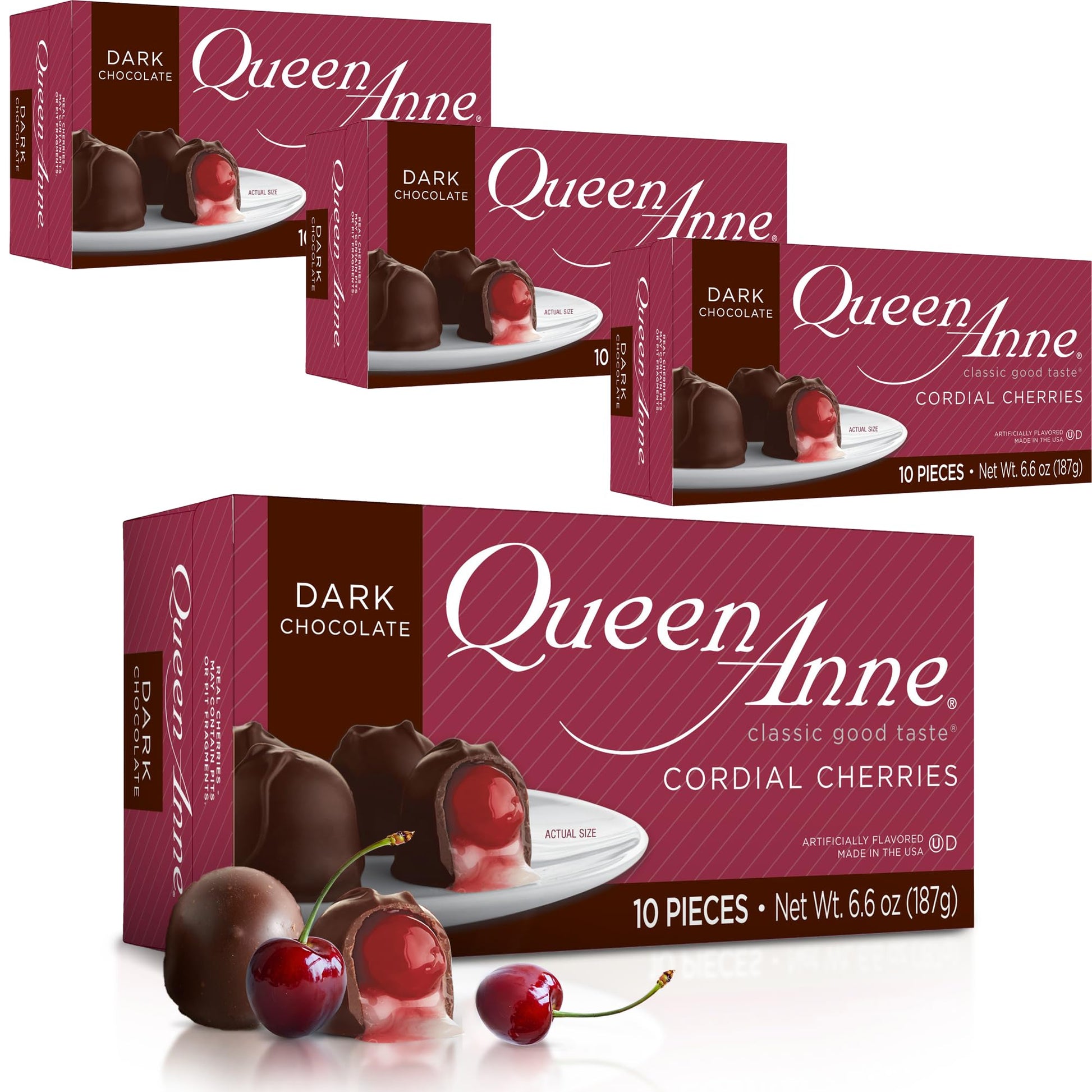 Queen Anne Dark Chocolate Covered Cordial Cherries | 6.6 oz (Pack of 4) | 10 Piece Gift Boxes | Whole Maraschino Cherry Creamy F