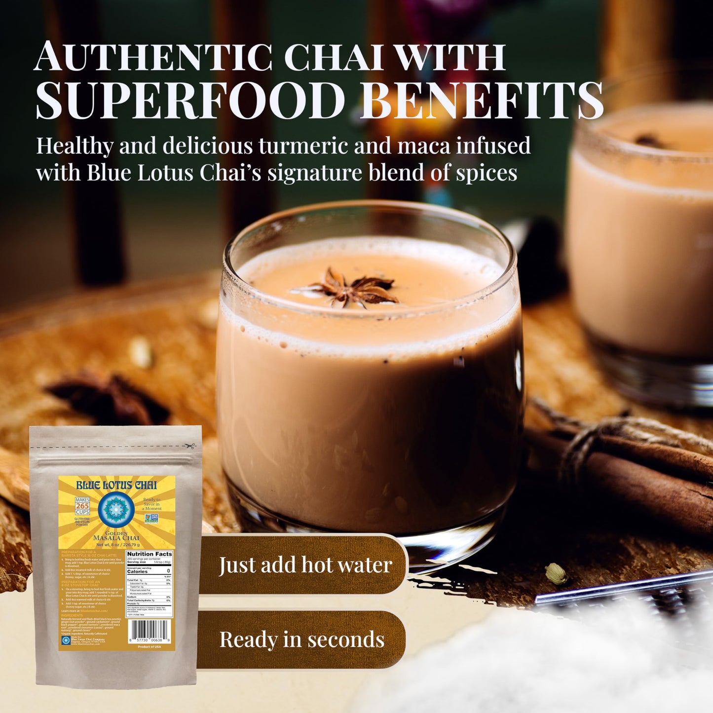 Blue Lotus Chai - Golden Masala Chai With Turmeric And Maca - Makes 265 Cups - Just Add Hot Water, No Steeping, No Gluten - 8 Ou