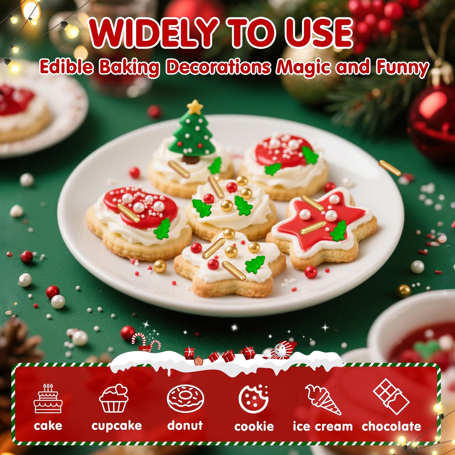Christmas Tree Sprinkles for Cake Decorating,130g Red Gold and White Pearl,Gold Rods Green Trees Mixed,Edible Sugar Holiday spri