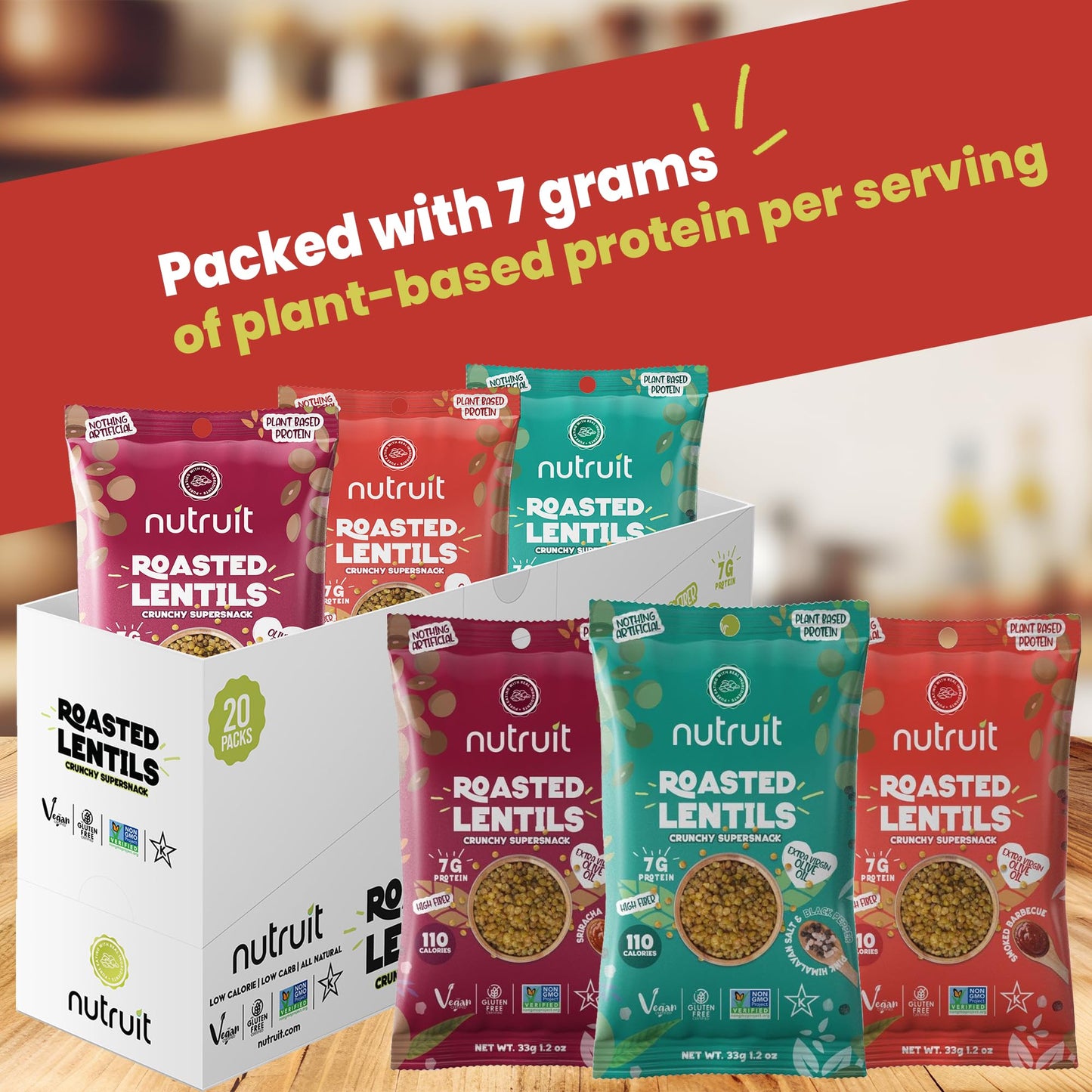 Nutruit Roasted Lentil Snacks - Tasty Snack Box with Vegan  Gluten Free  Non-GMO  High Protein  Low Calorie  Healthy On-The-Go Low Calorie Lentils Snacks - 1.2oz Packs (20-Pack Variety Box)