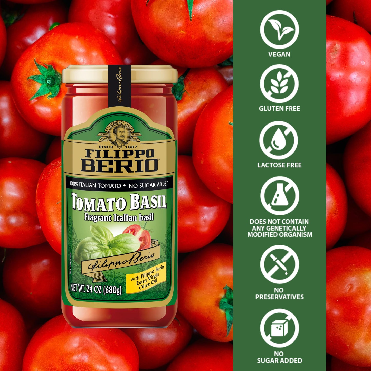 Filippo Berio Pasta Sauce, Basil Sauce, 24 Ounce Glass Jar, No Sugar Added, Vegan, Gluten Free, Lactose Free, Non-GMO